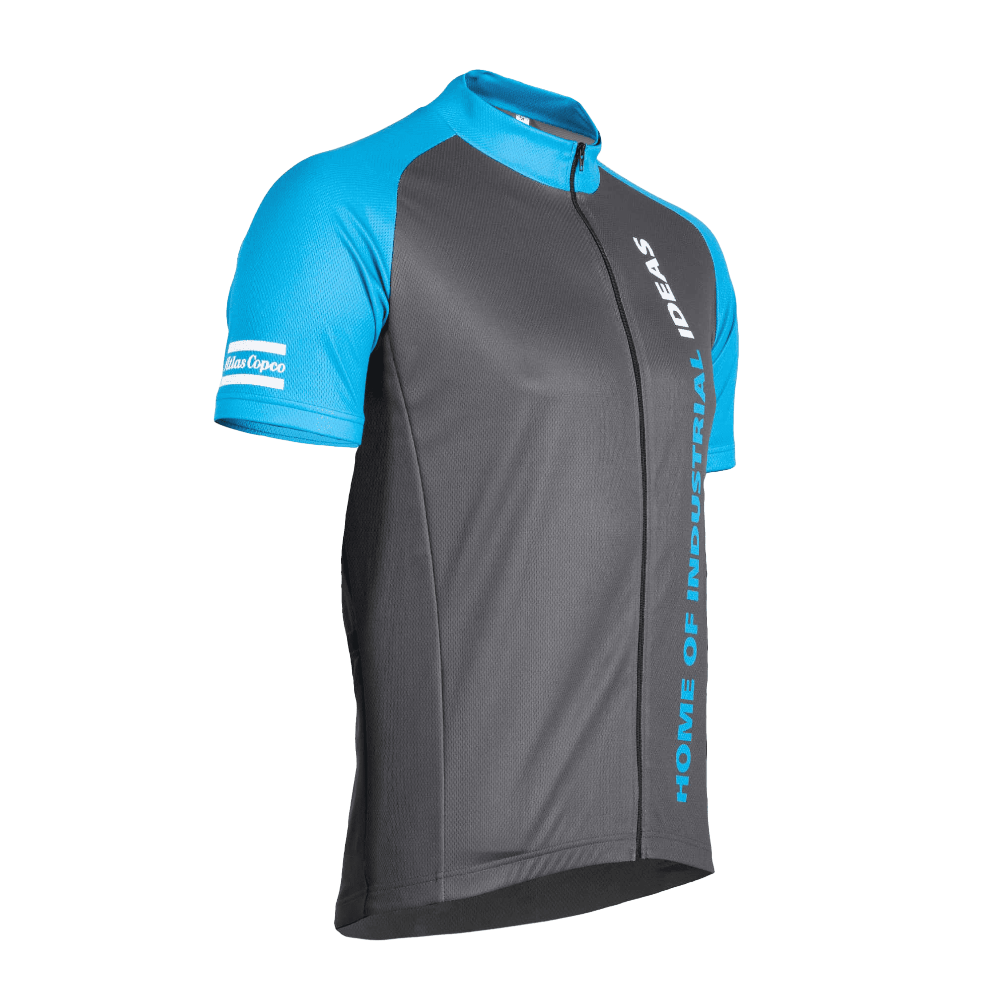 grey bike shirt with blue sleeves and logo