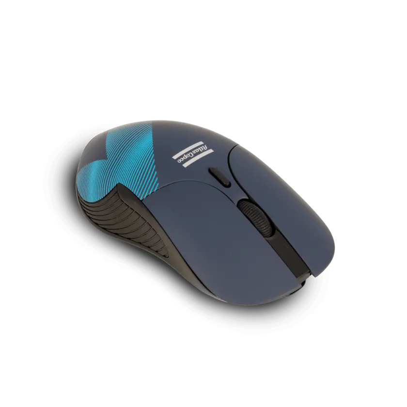 Blue mouse with atlas copco logo and wave pattern