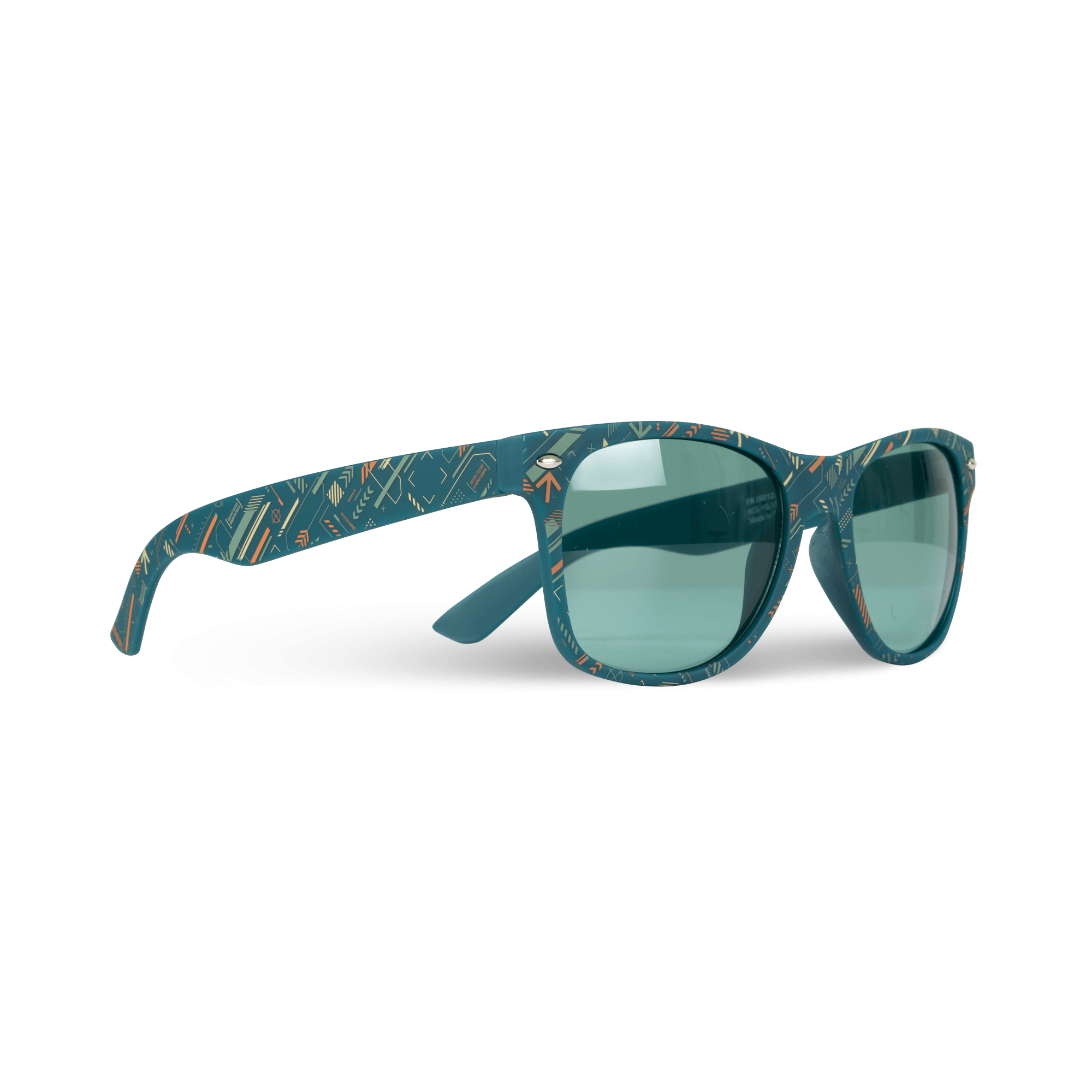 teal atlas copco group sunglasses with pattern and white logo