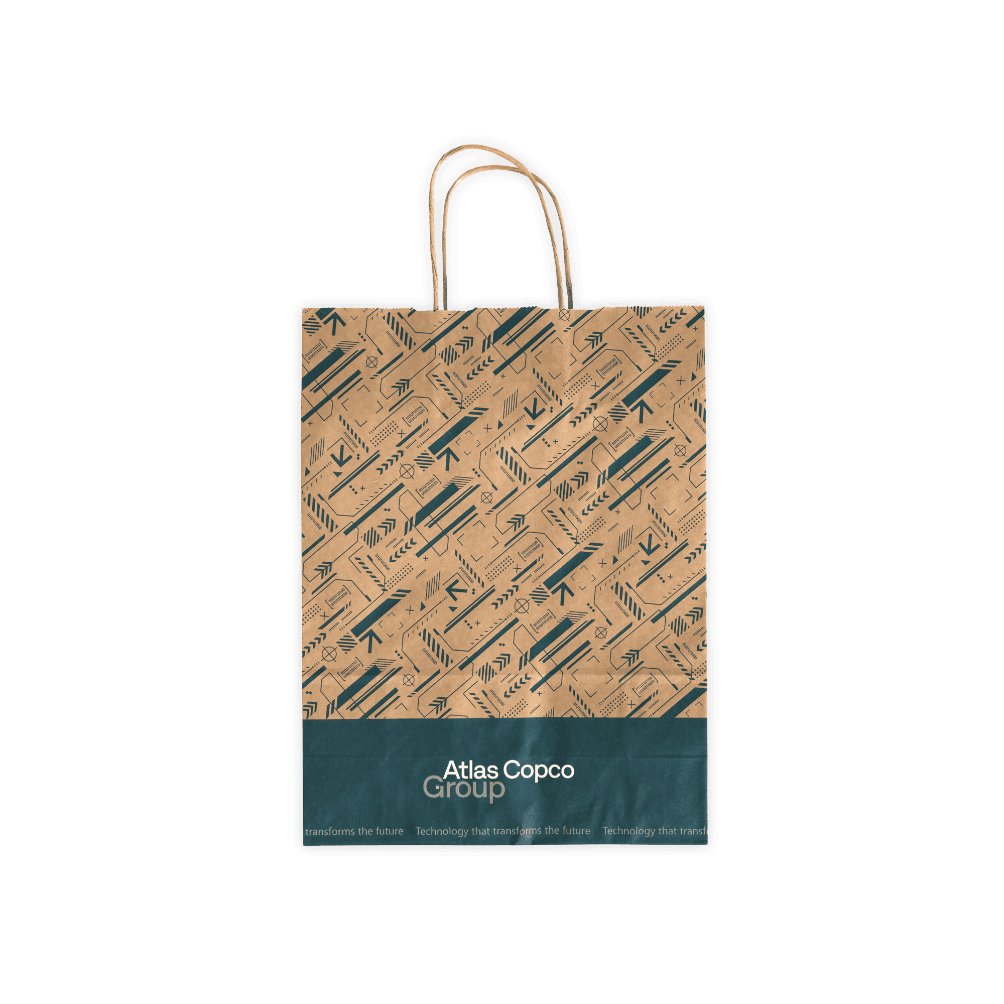 atlas copco group paper bag with teal pattern