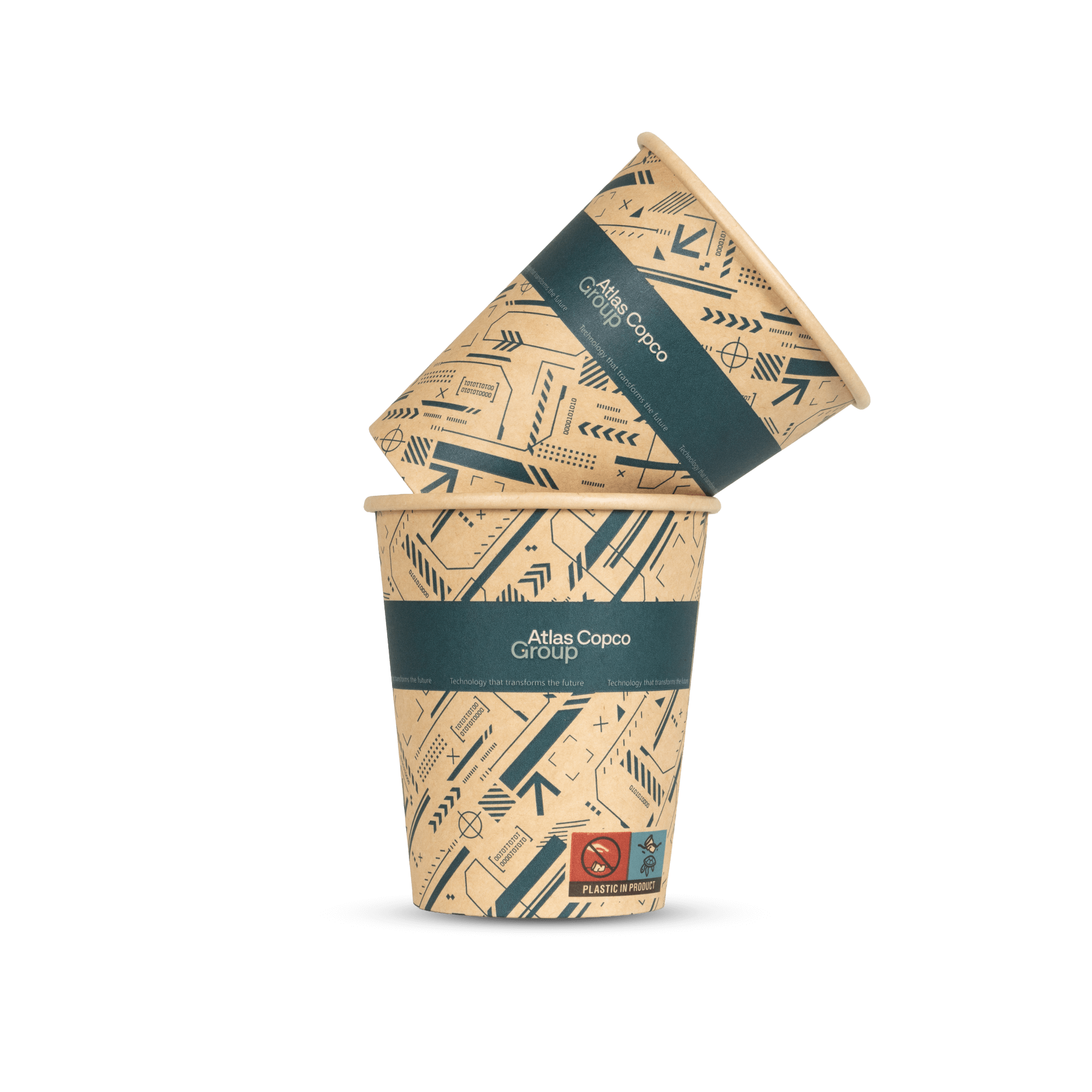 atlas copco group paper cups with teal pattern