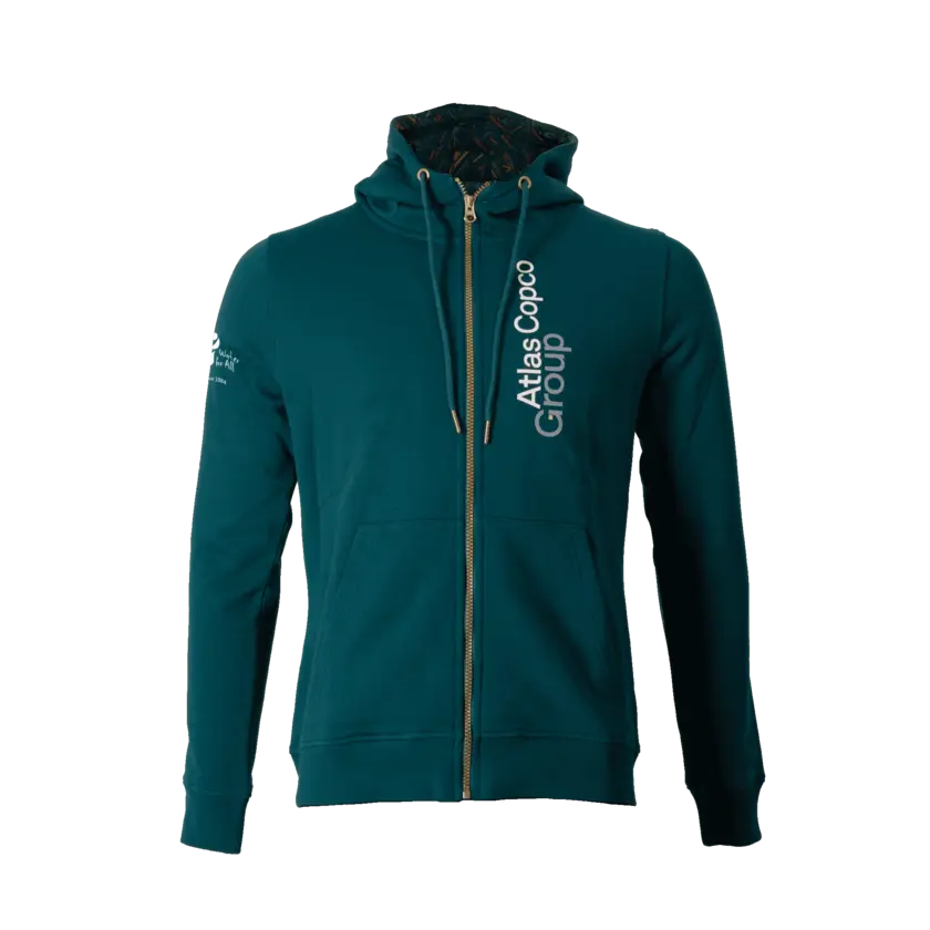 teal atlas copco group hoodie with white vertical logo