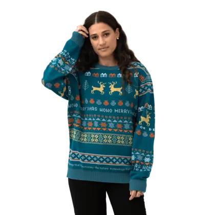 christmas sweater on female model with atlas copco group colors