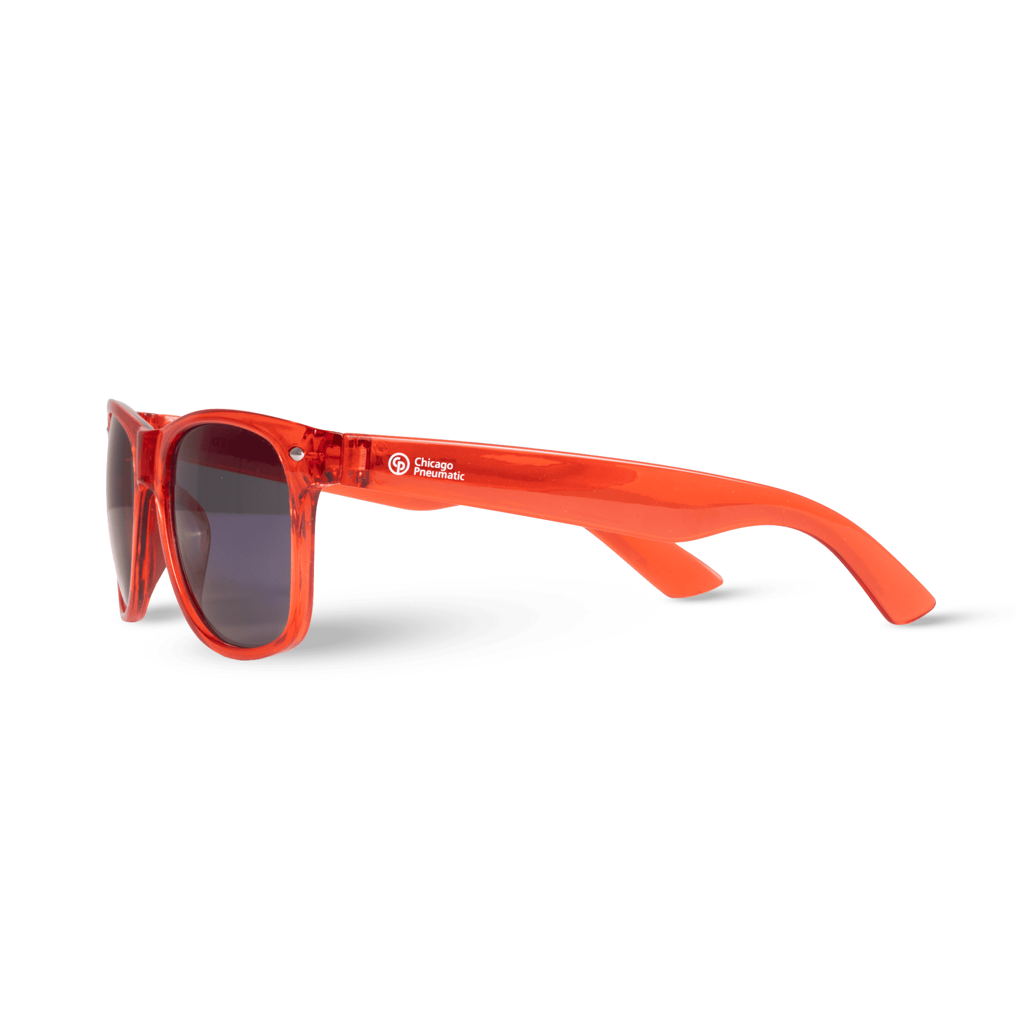 red sunglasses from side with chicago pneumatic logo in white
