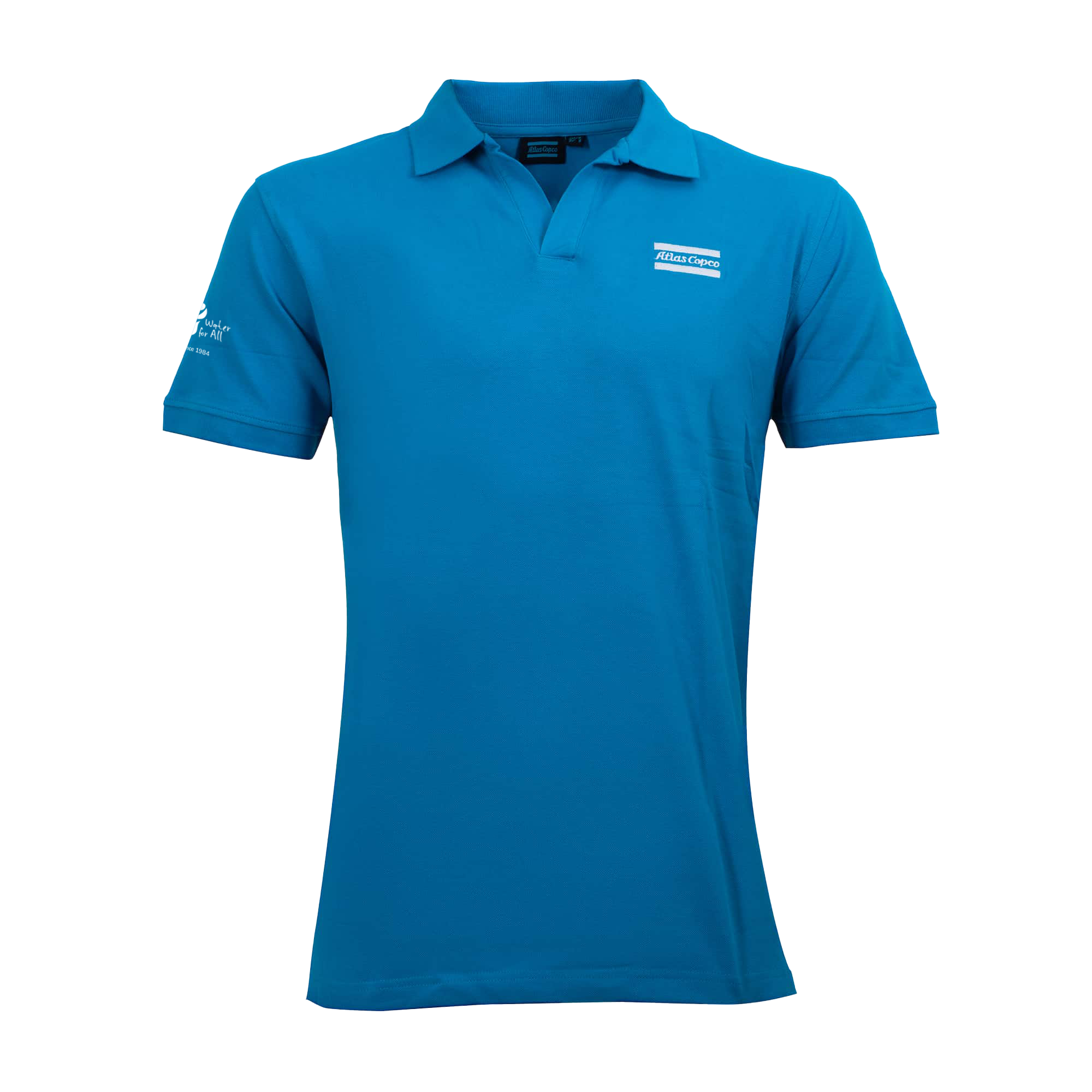 blue polo with atlas copco logo in white