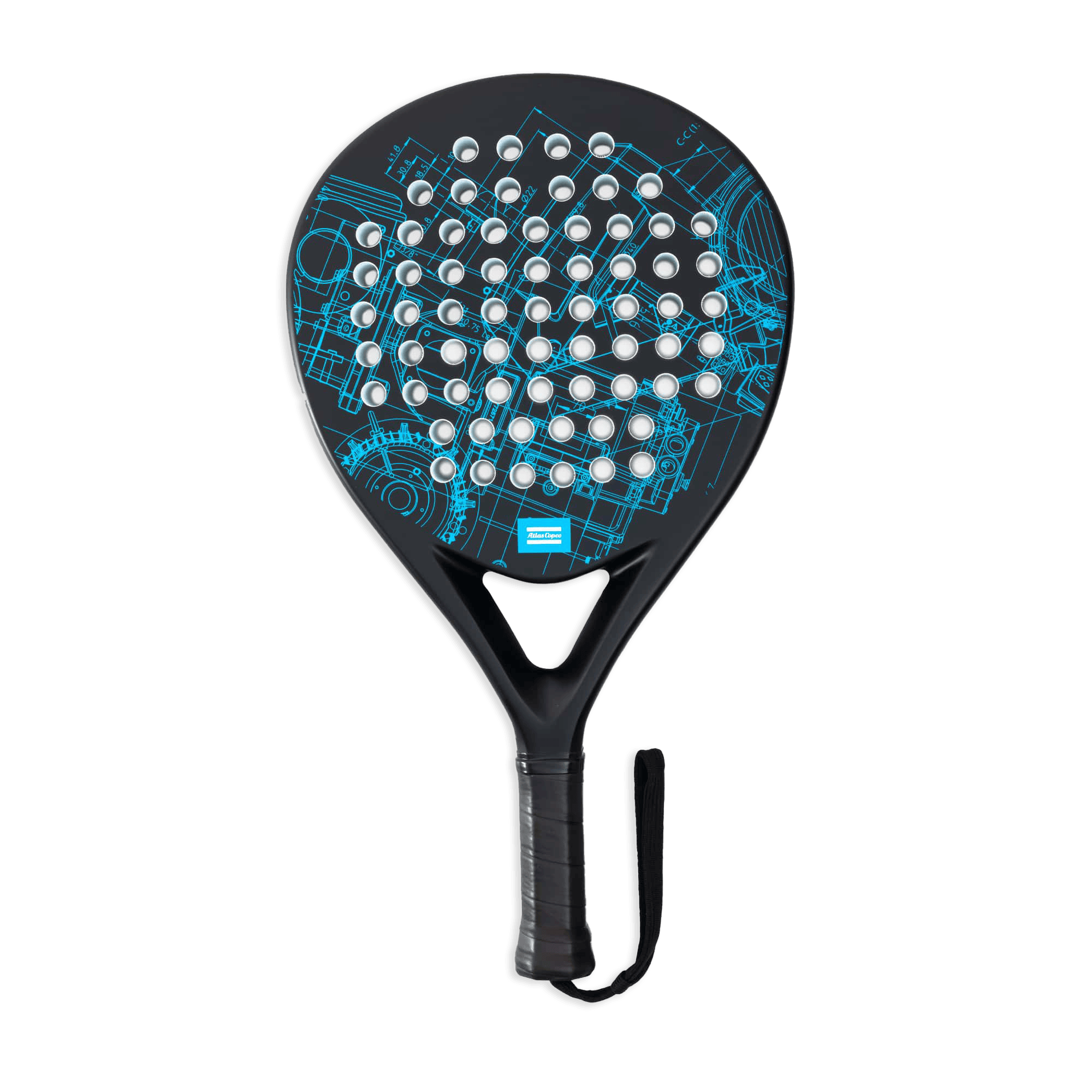 black padel racket with blueprint pattern
