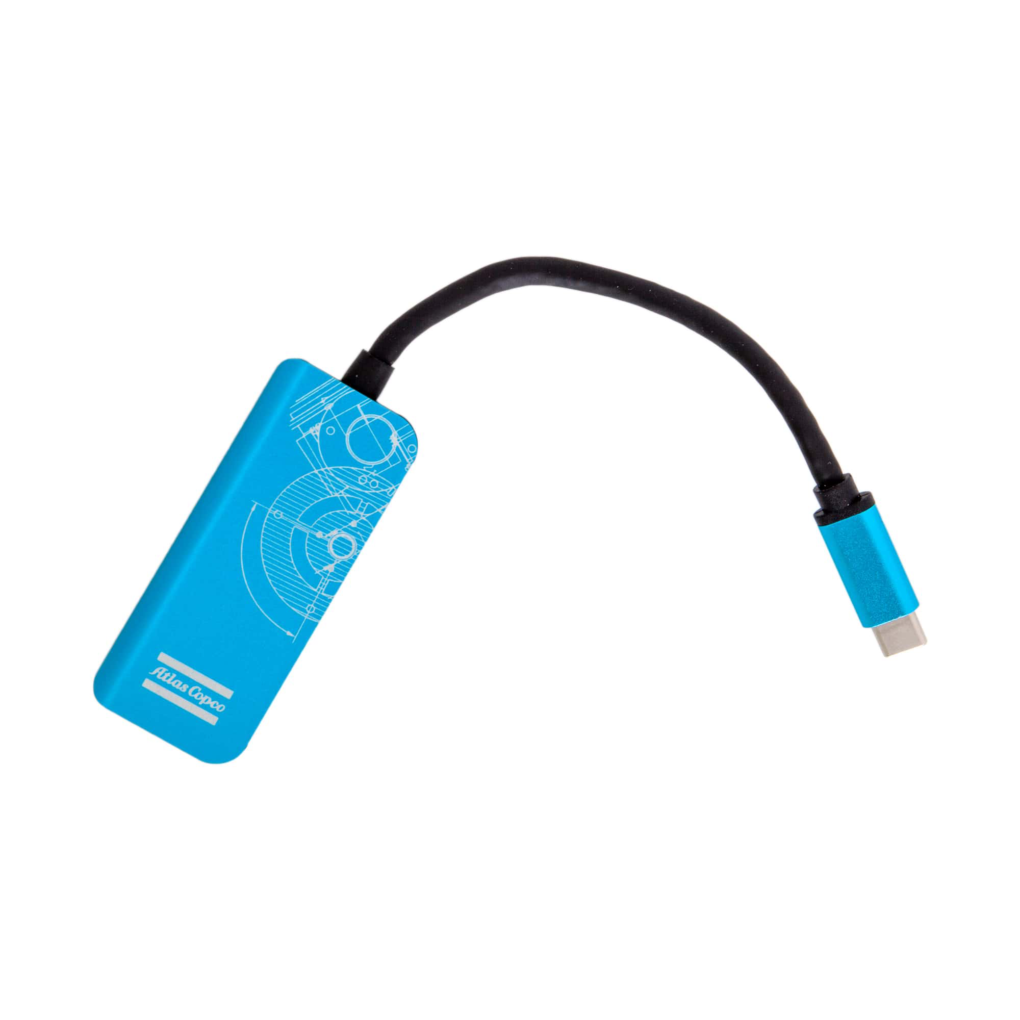 blue usb hub in blue with white blueprint and logo