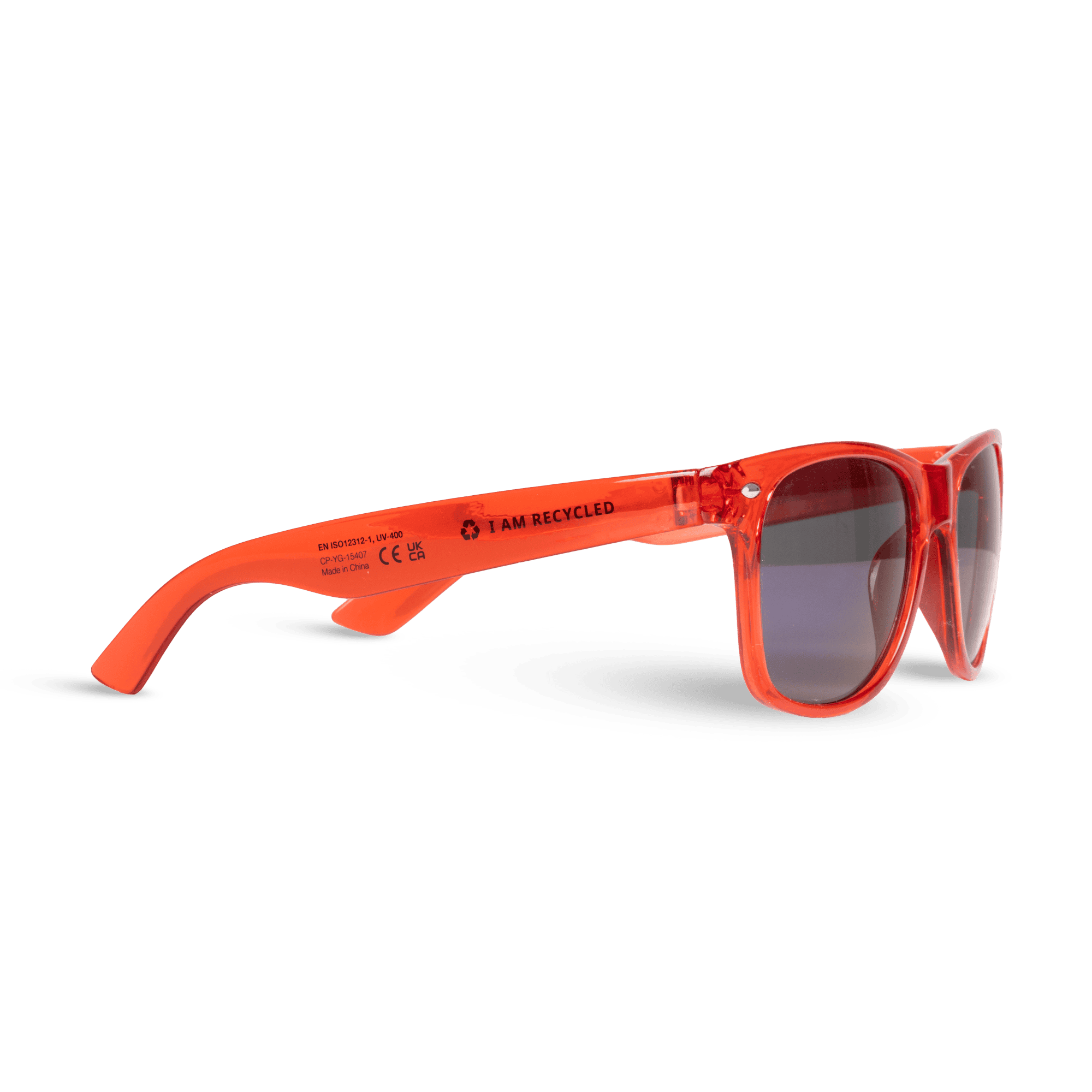 red sunglasses from side with recycled message in black