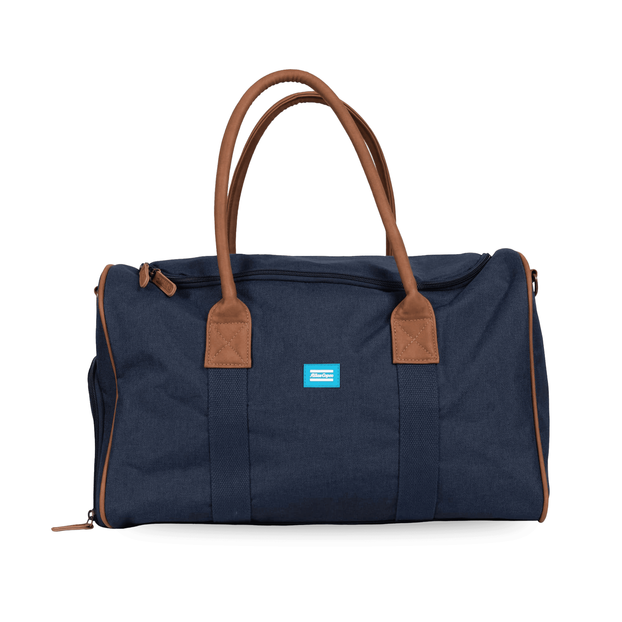 navy duffle bag leather straps