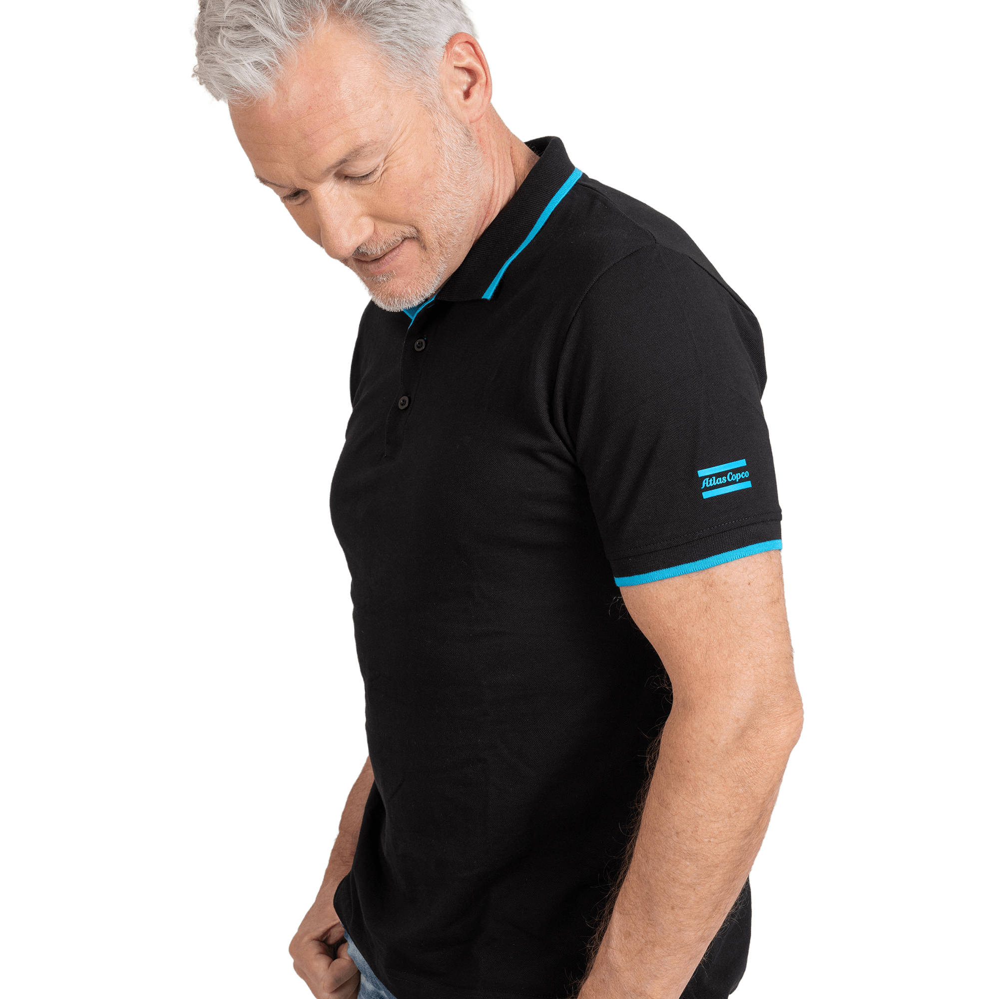 Man wearing black polo shirt with blue details and atlas copco logo on sleeve