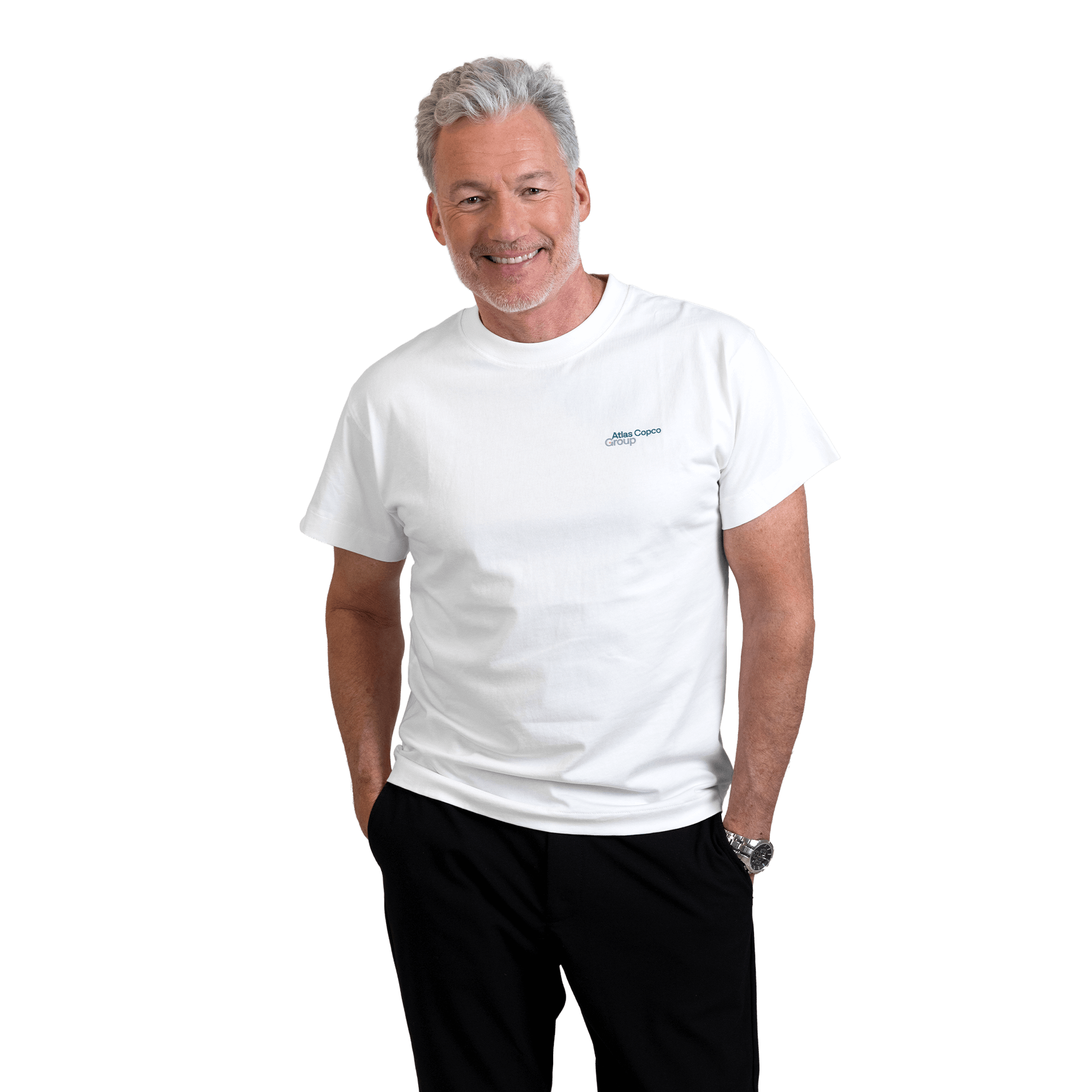 man wearing white tshirt with atlas copco group logo
