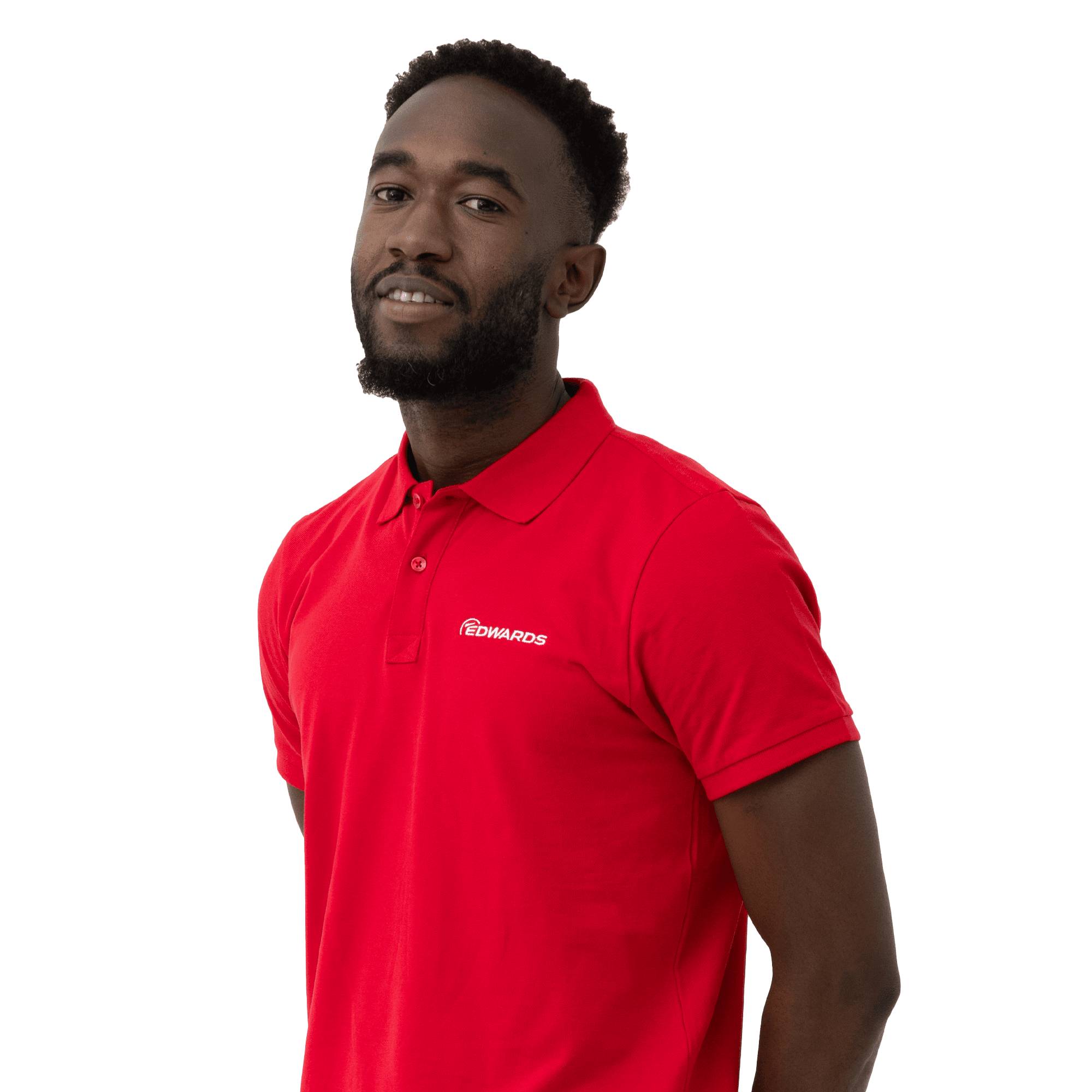 red polo shirt with white edwards logo on male model close up