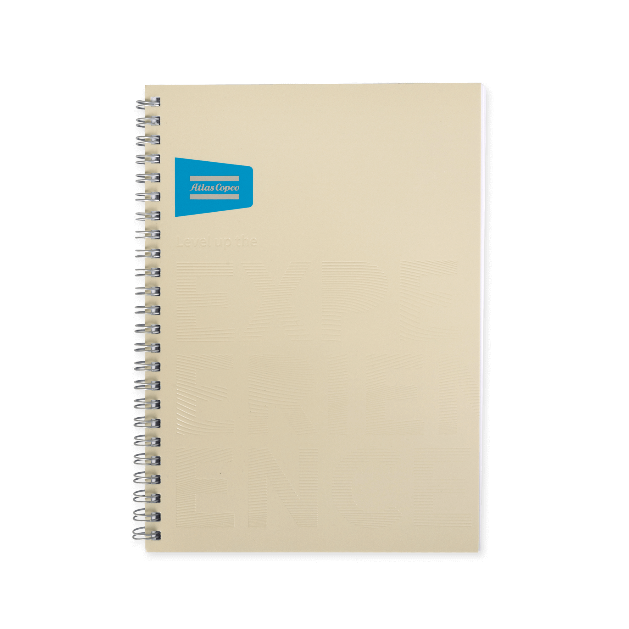 two beige notebooks with atlas copco logo and brand promise in beige embossed text