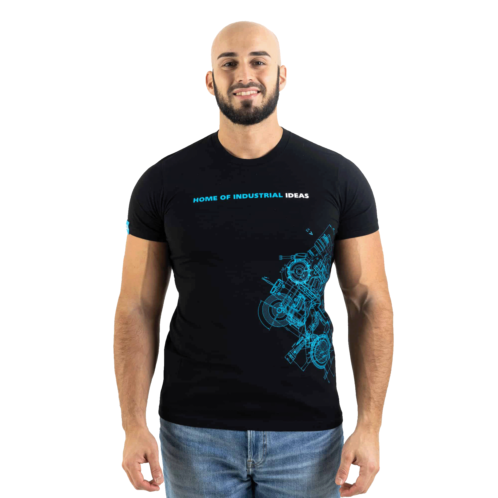 Black atlas copco tshirt with blueprint pattern and home of industrial ideas quote