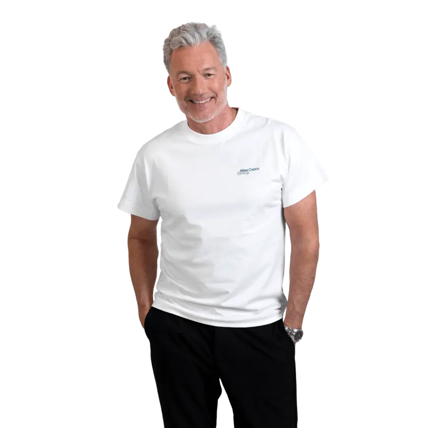 man wearing white tshirt with atlas copco group logo