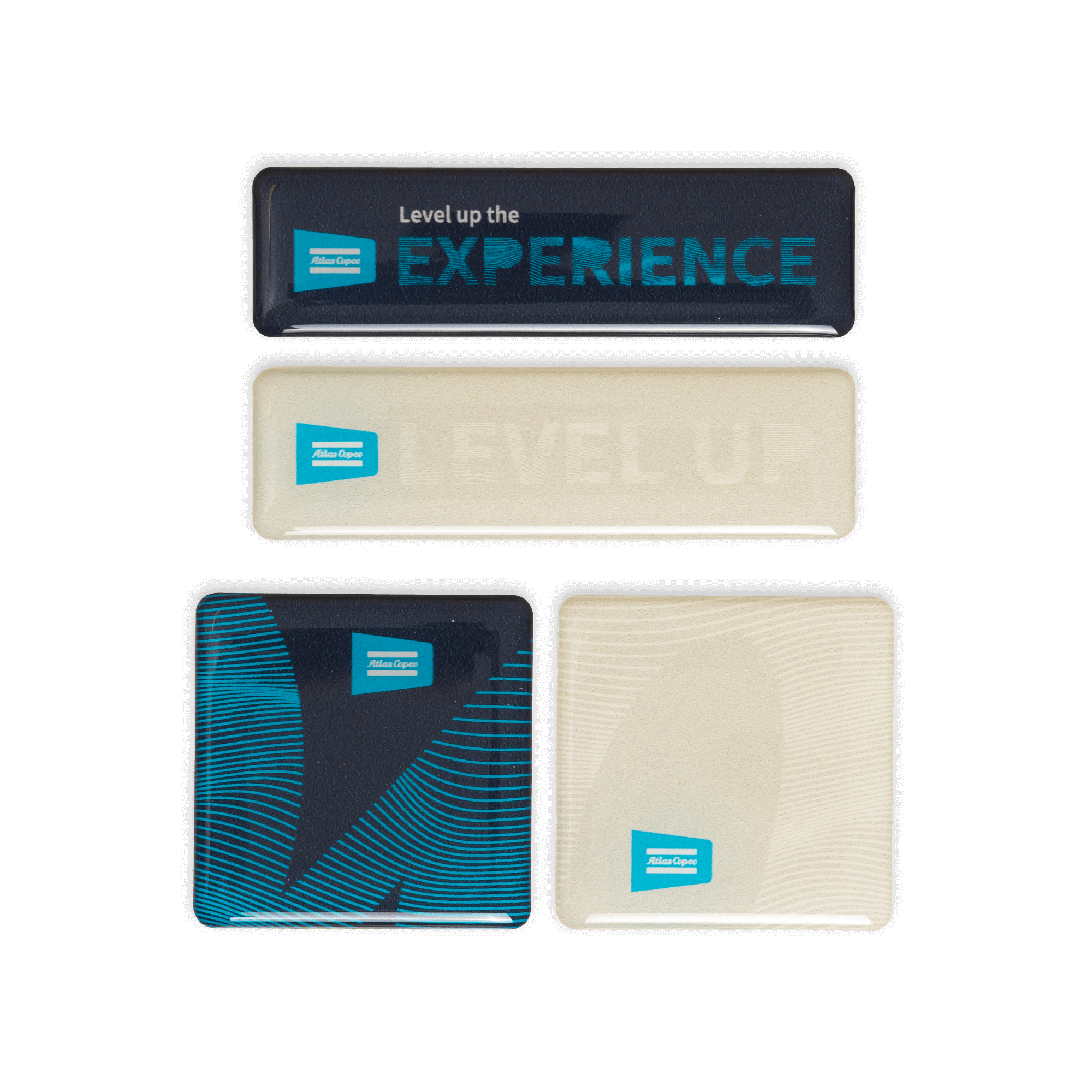Atlas copco stickers with level up the experience text and graphics