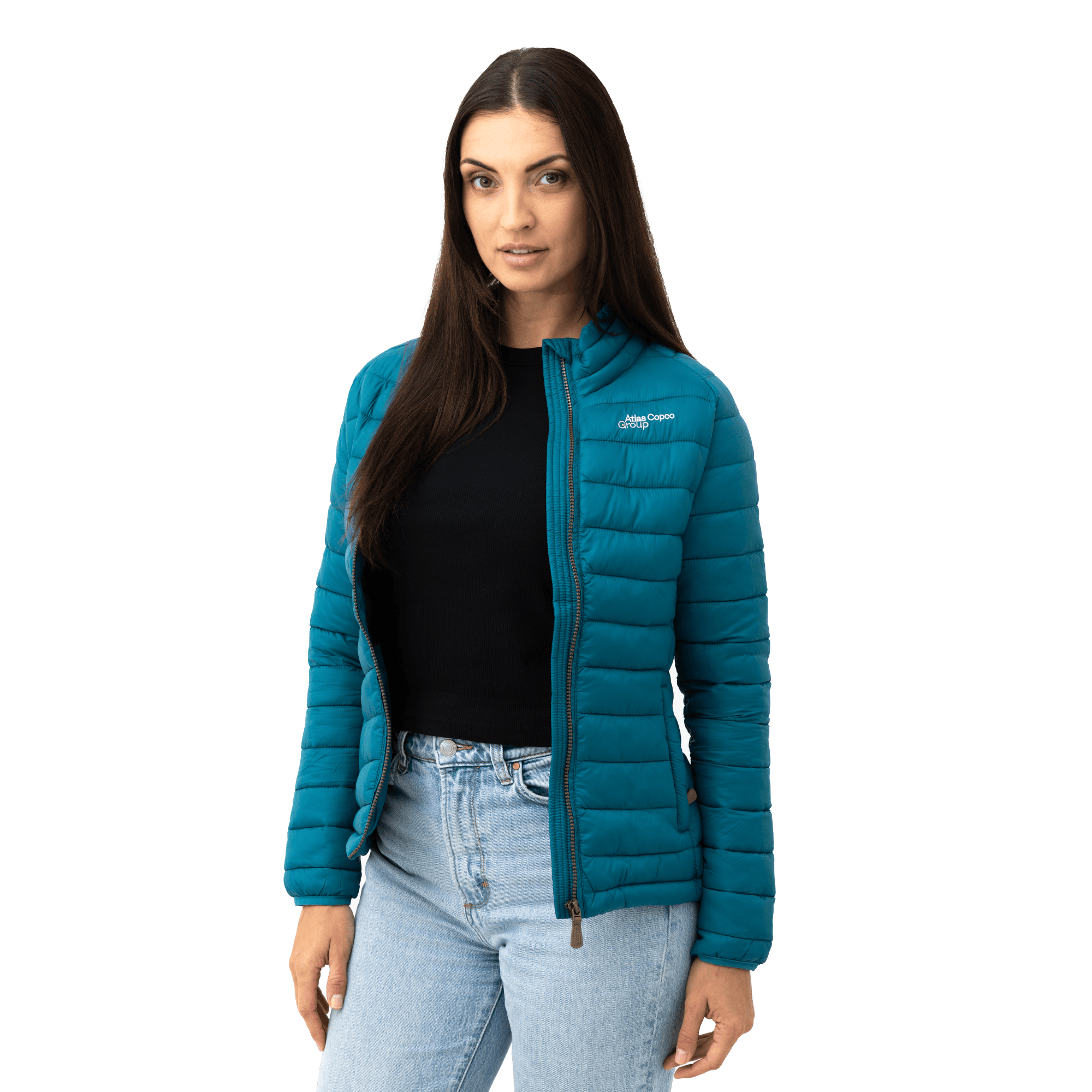 teal padded jacket with atlas copco group logo