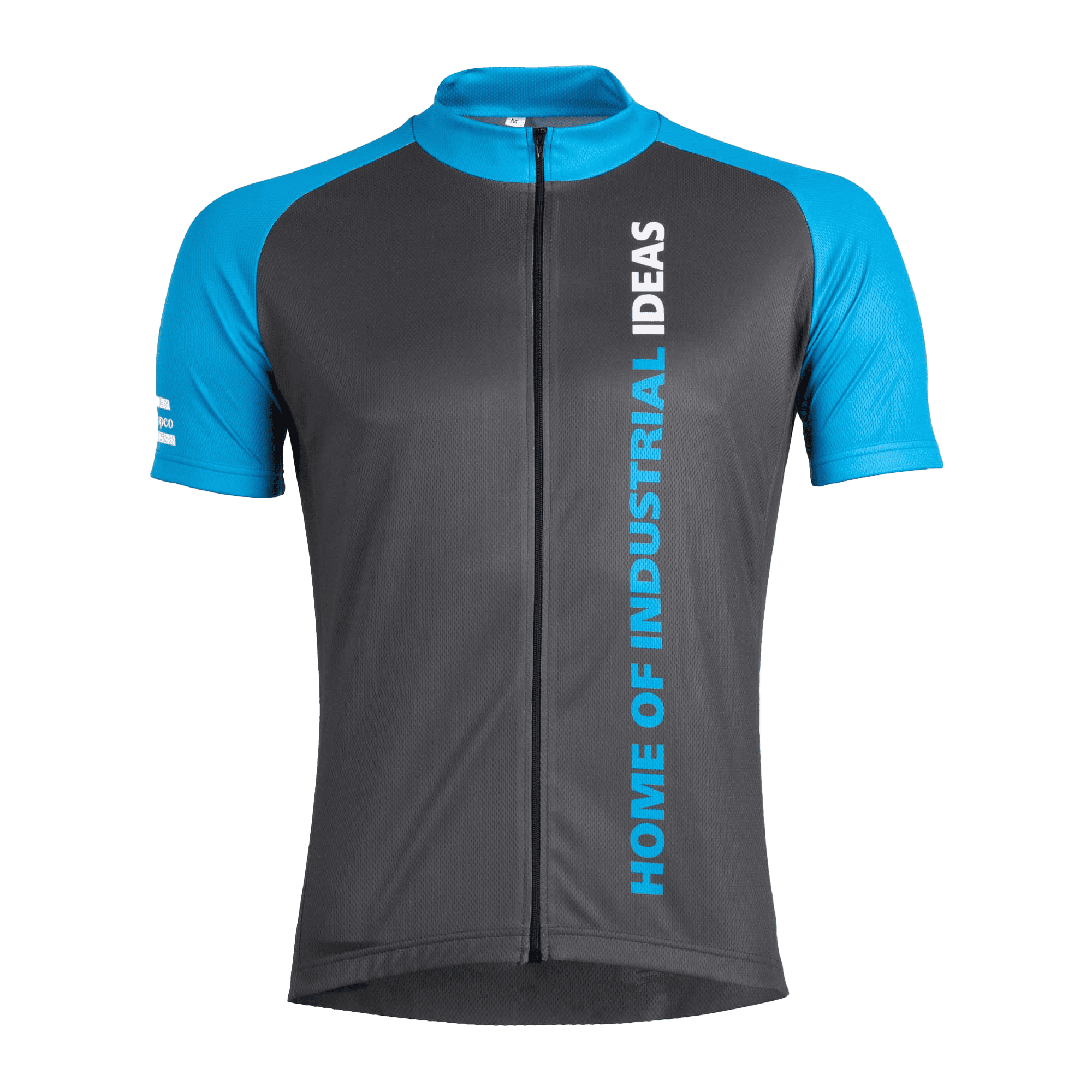 grey bike shirt with blue sleeves and logo