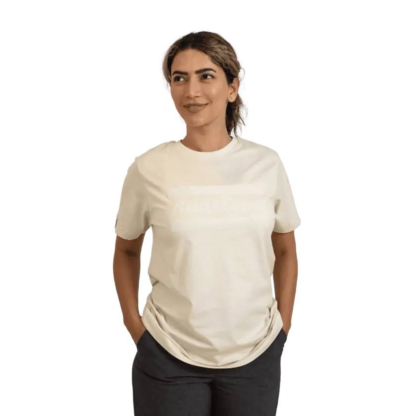 beige tshirt worn by two models