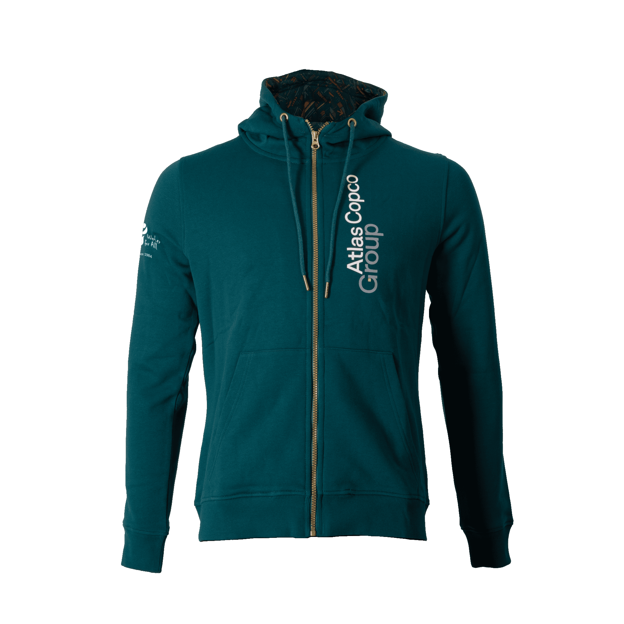 teal atlas copco group hoodie with white vertical logo