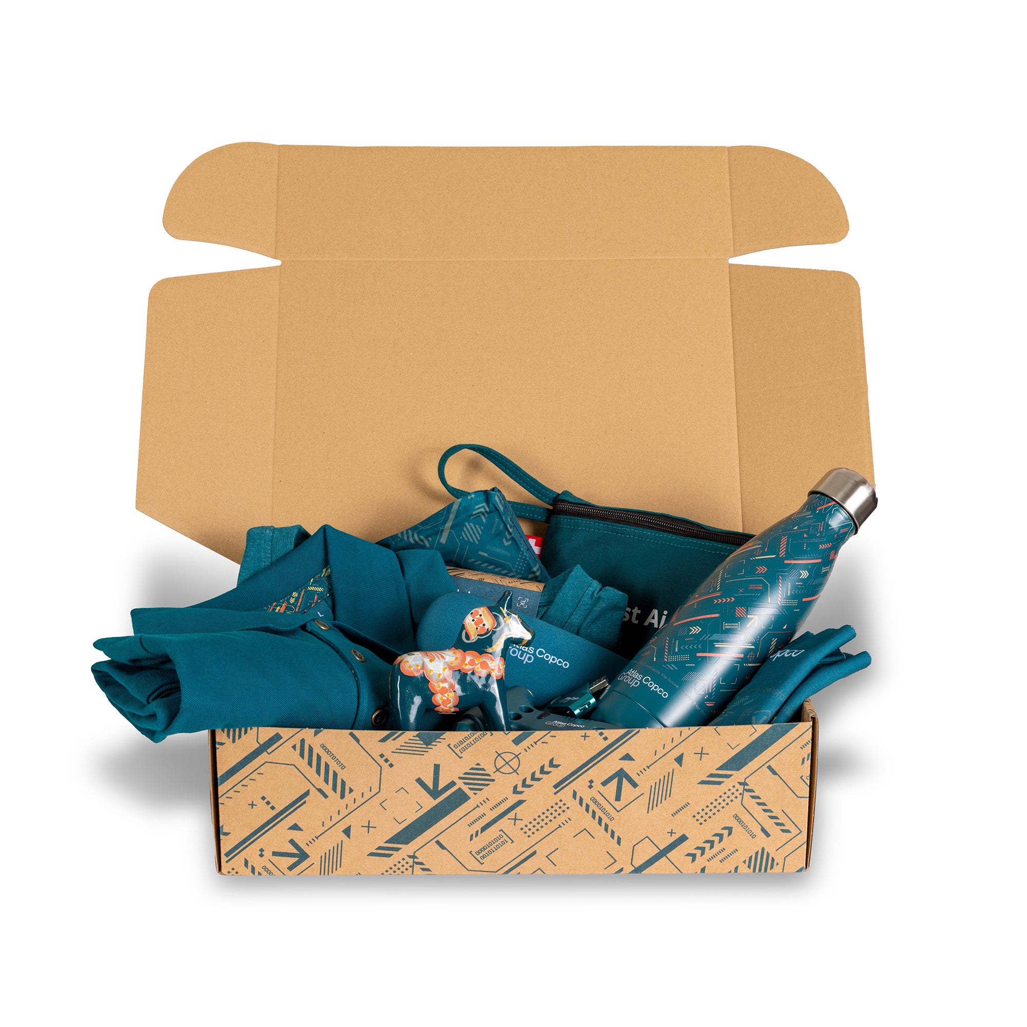 gift box with atlas copco group pattern opened with products