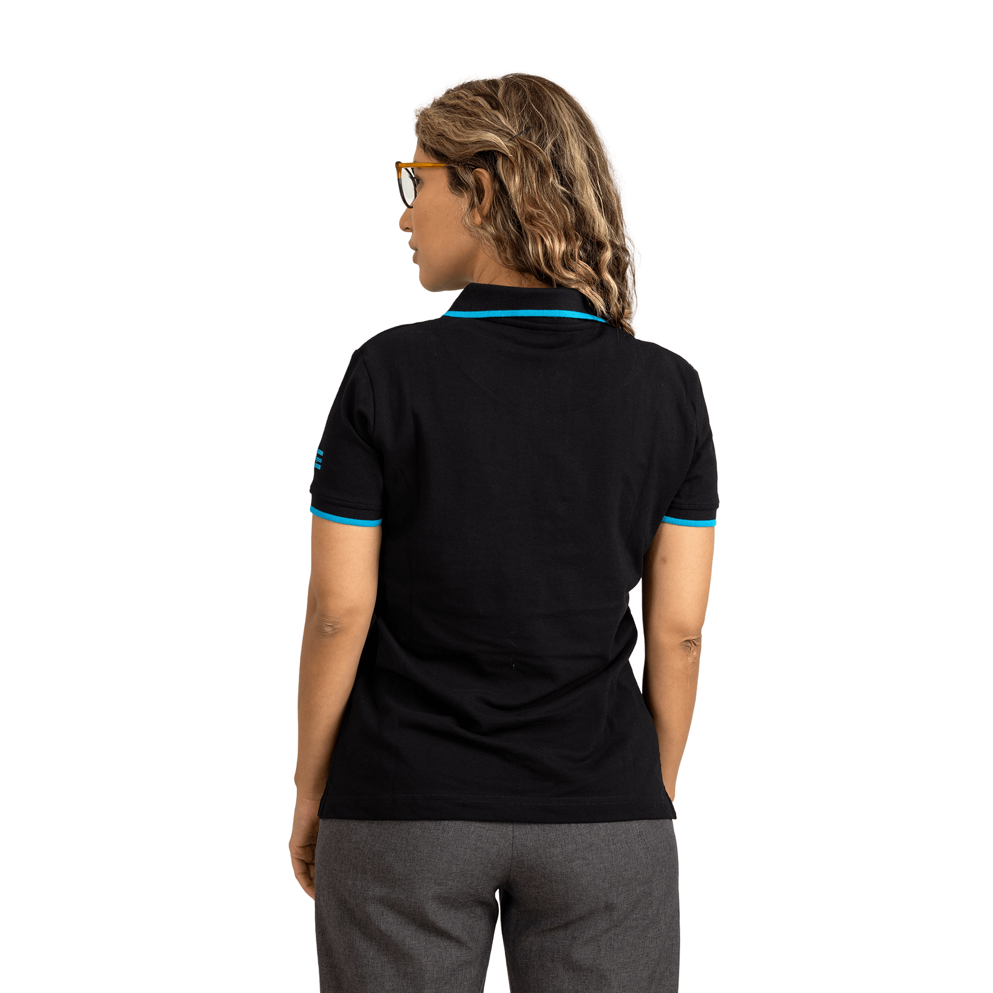 woman wearing black polo shirt with blue details