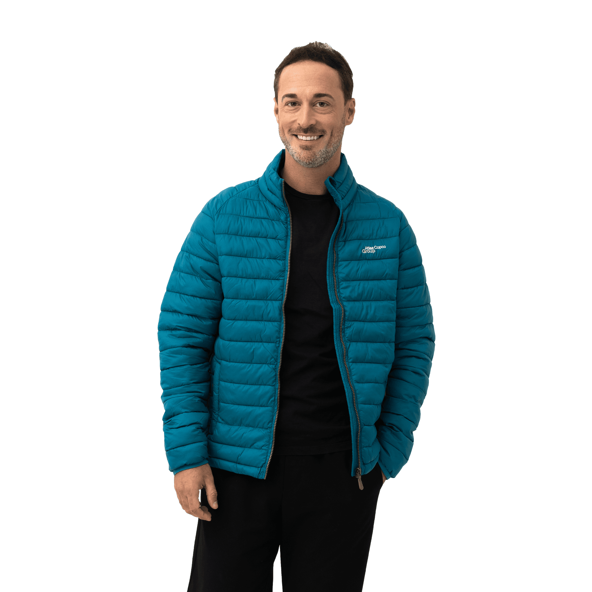 teal padded jacket with atlas copco group logo