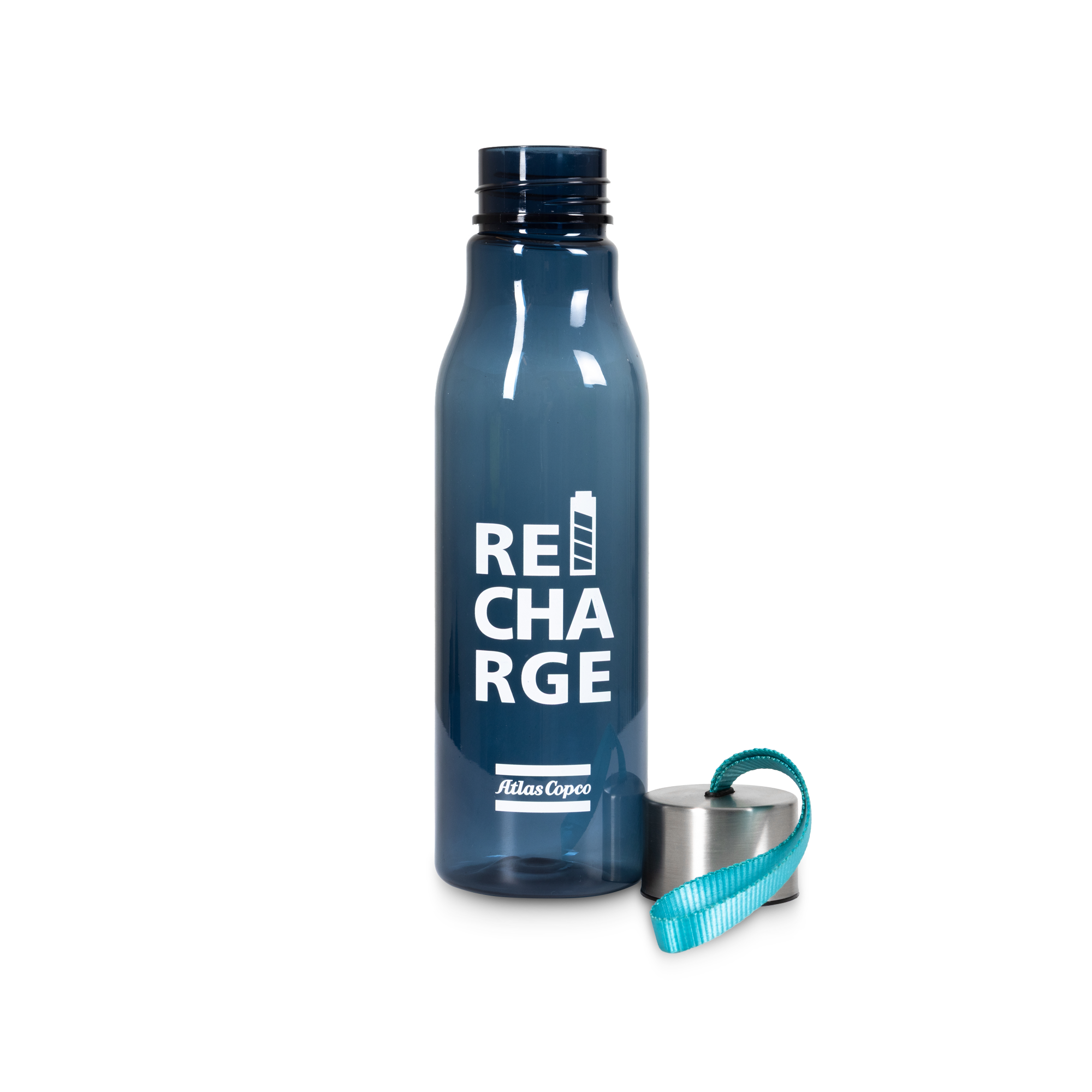 blue water bottle with atlas copco pattern and recharge text