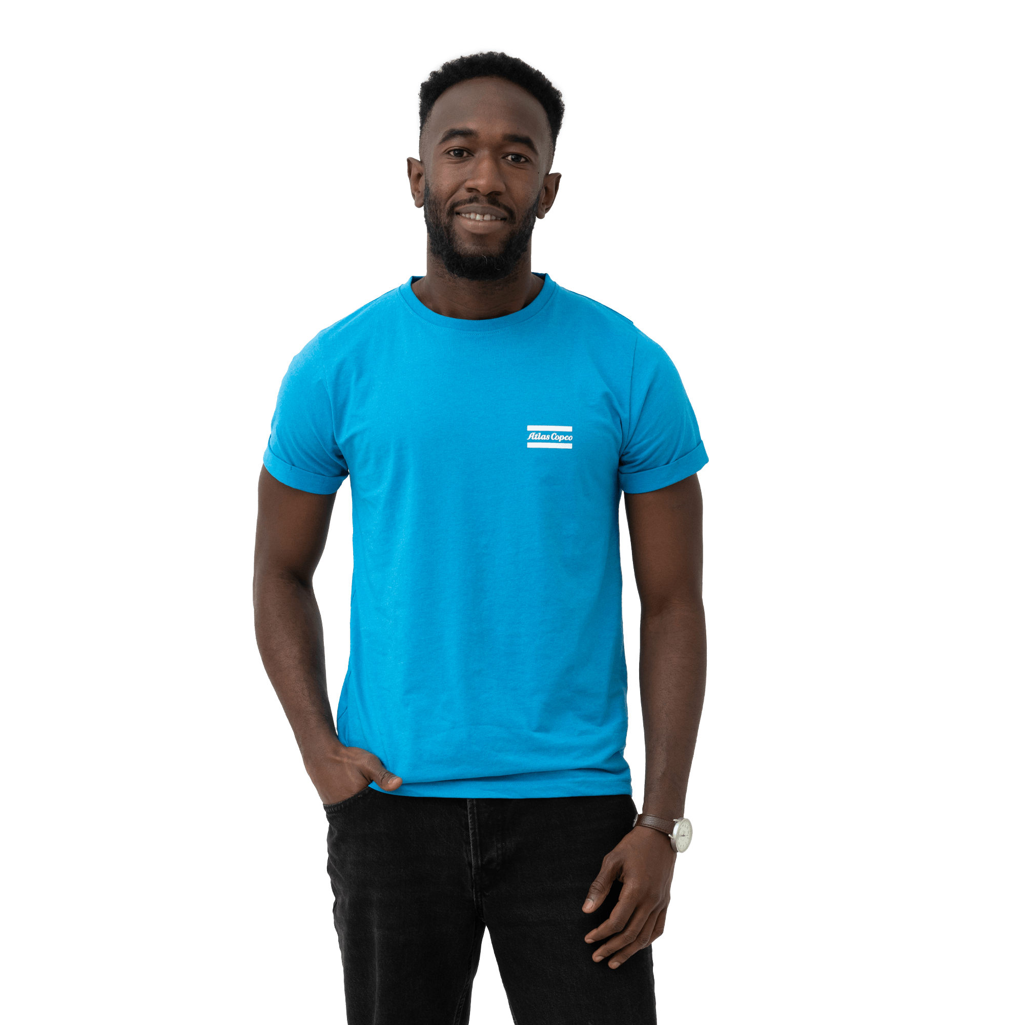 blue tshirt with white atlas copco logo