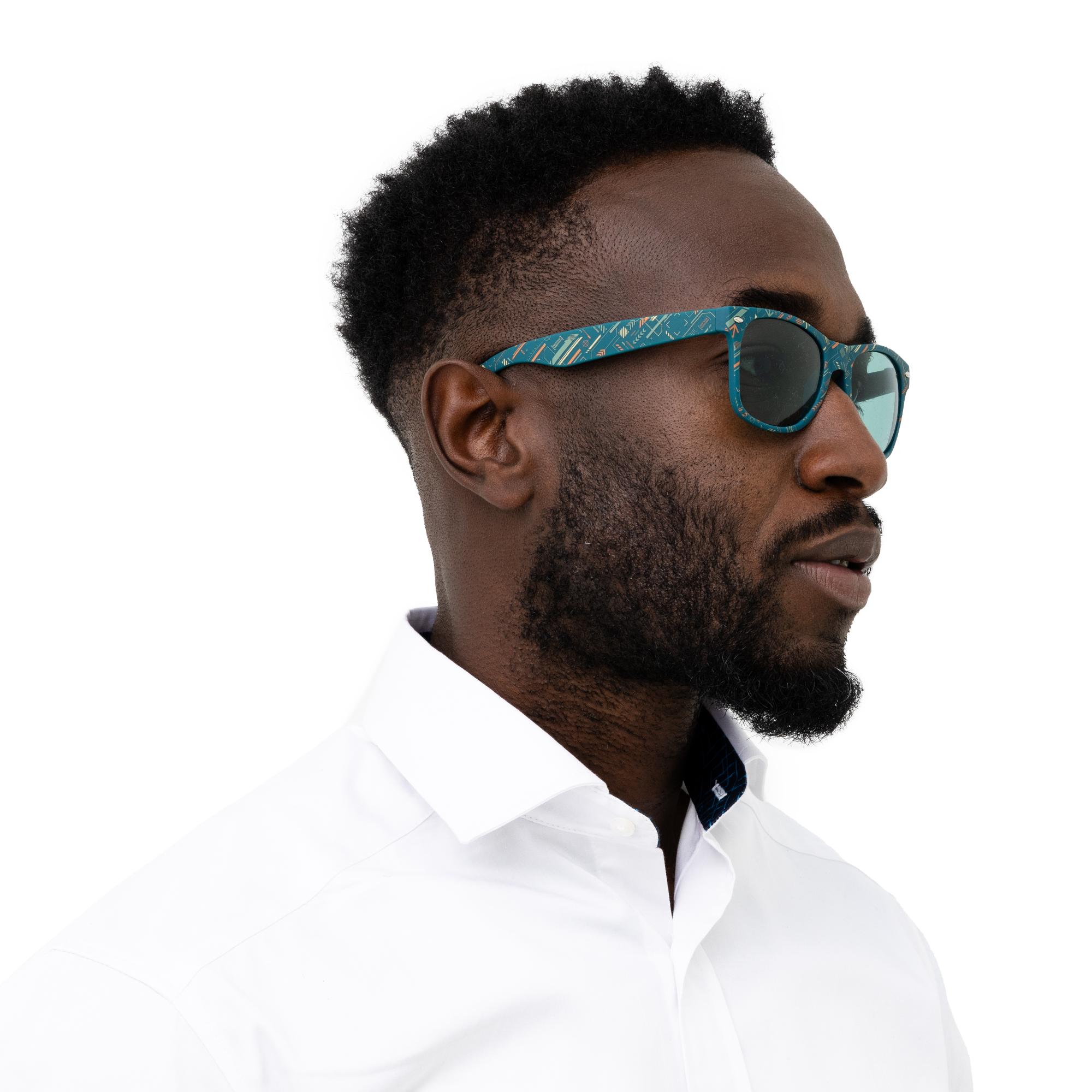 teal atlas copco group sunglasses with pattern and white logo