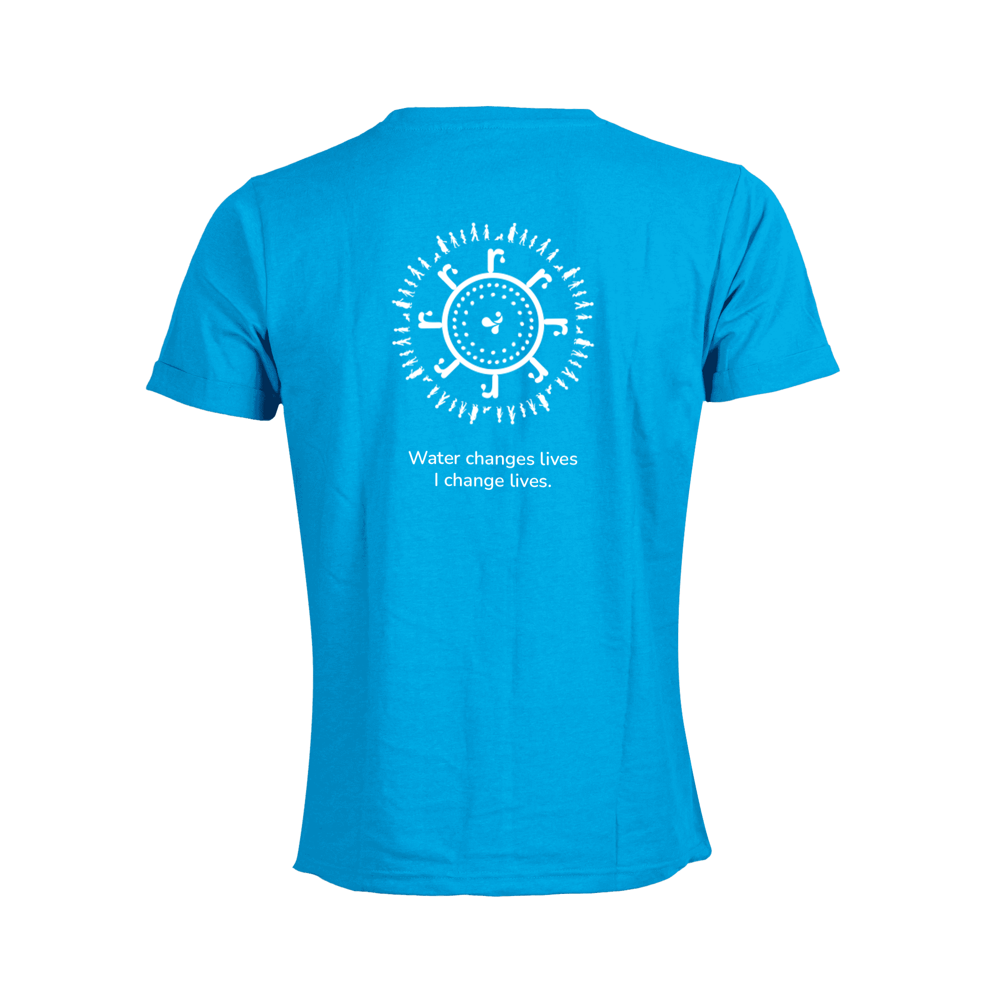 blue tshirt with white atlas copco logo and water for all logo on the back