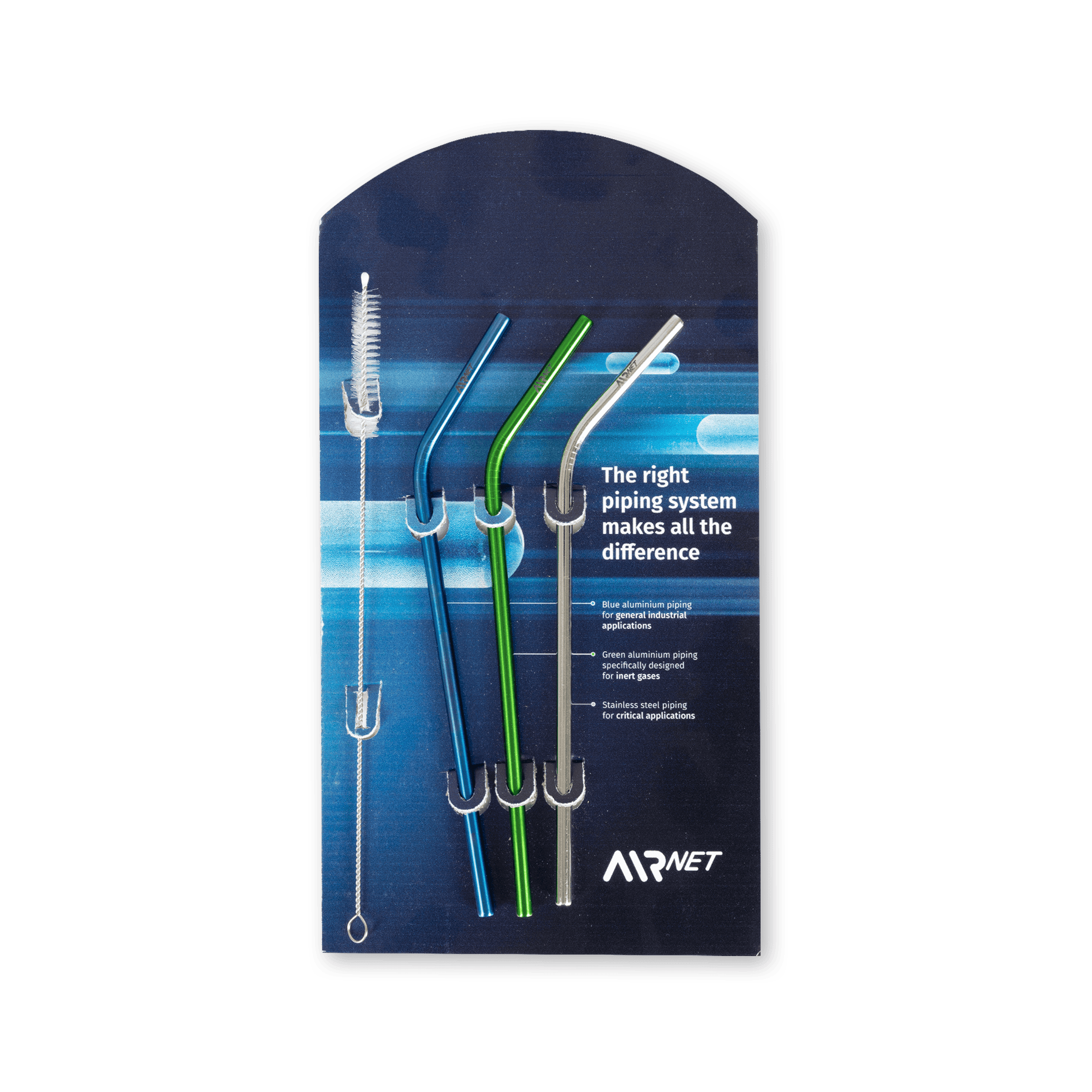 three metallic straws with a cleaning brush 