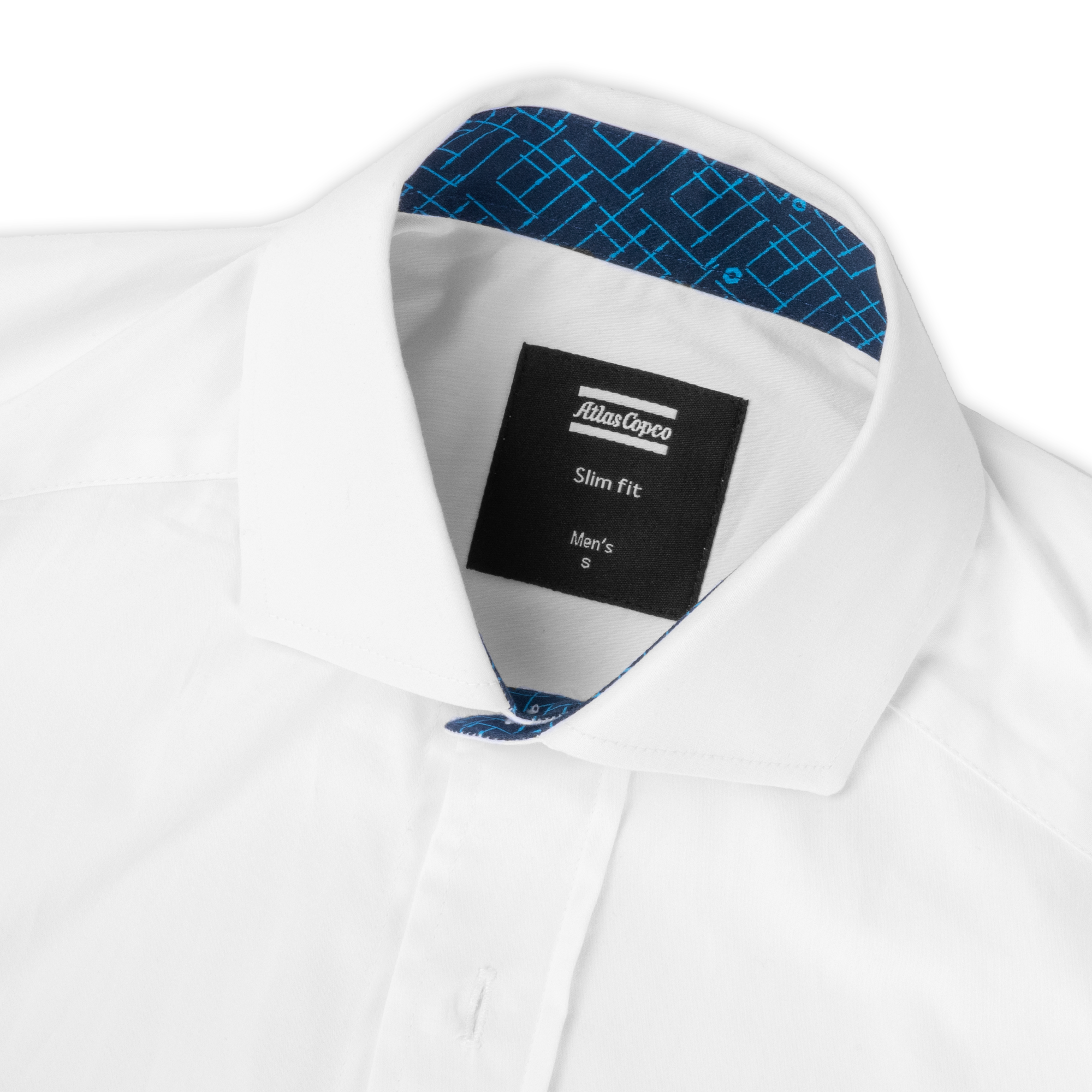 white business shirt with logo on sleeves