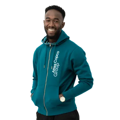 teal atlas copco group hoodie with white vertical logo