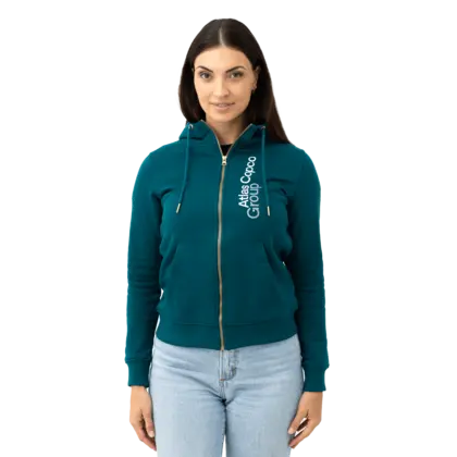 teal atlas copco group hoodie with white vertical logo