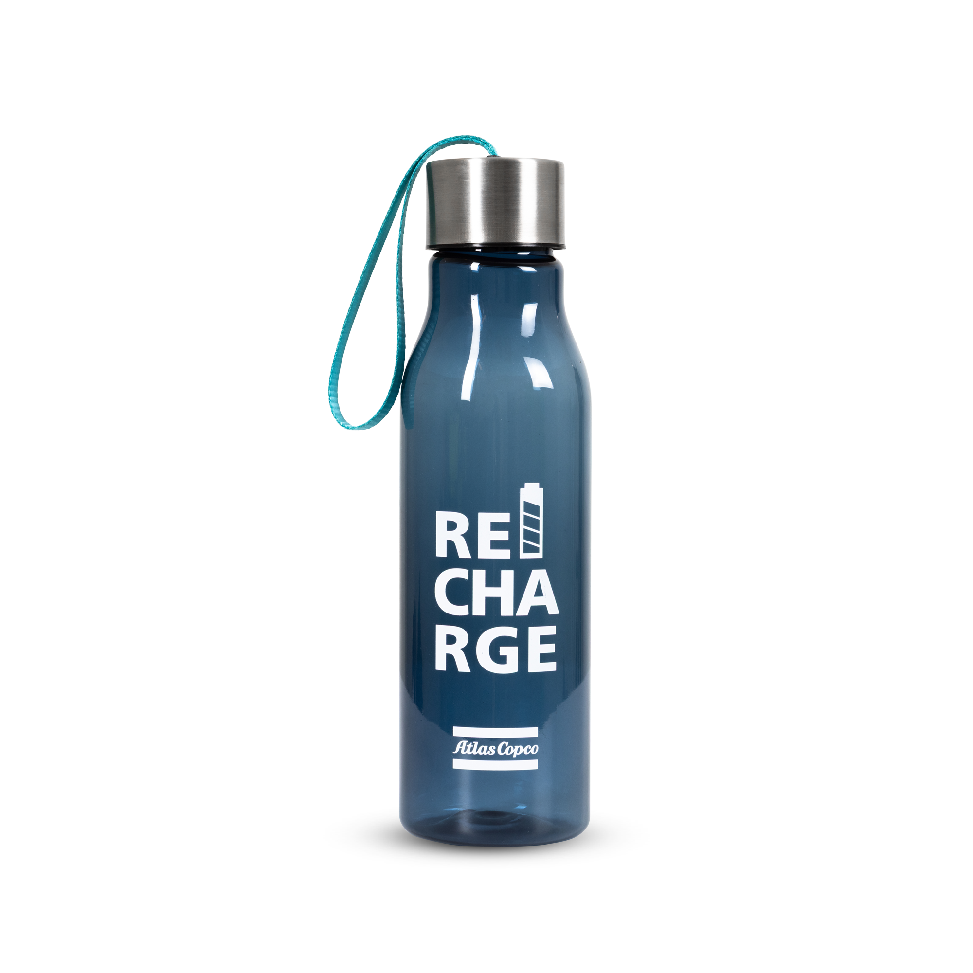 blue water bottle with atlas copco pattern and recharge text