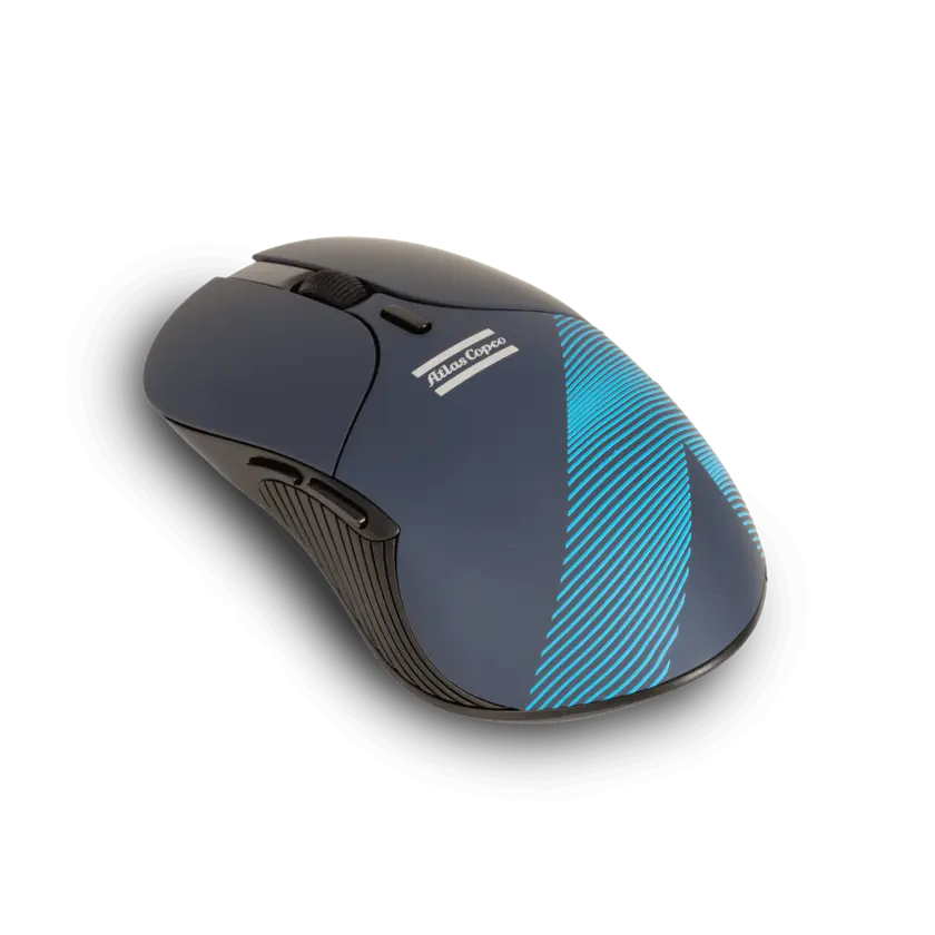 Blue mouse with atlas copco logo and wave pattern