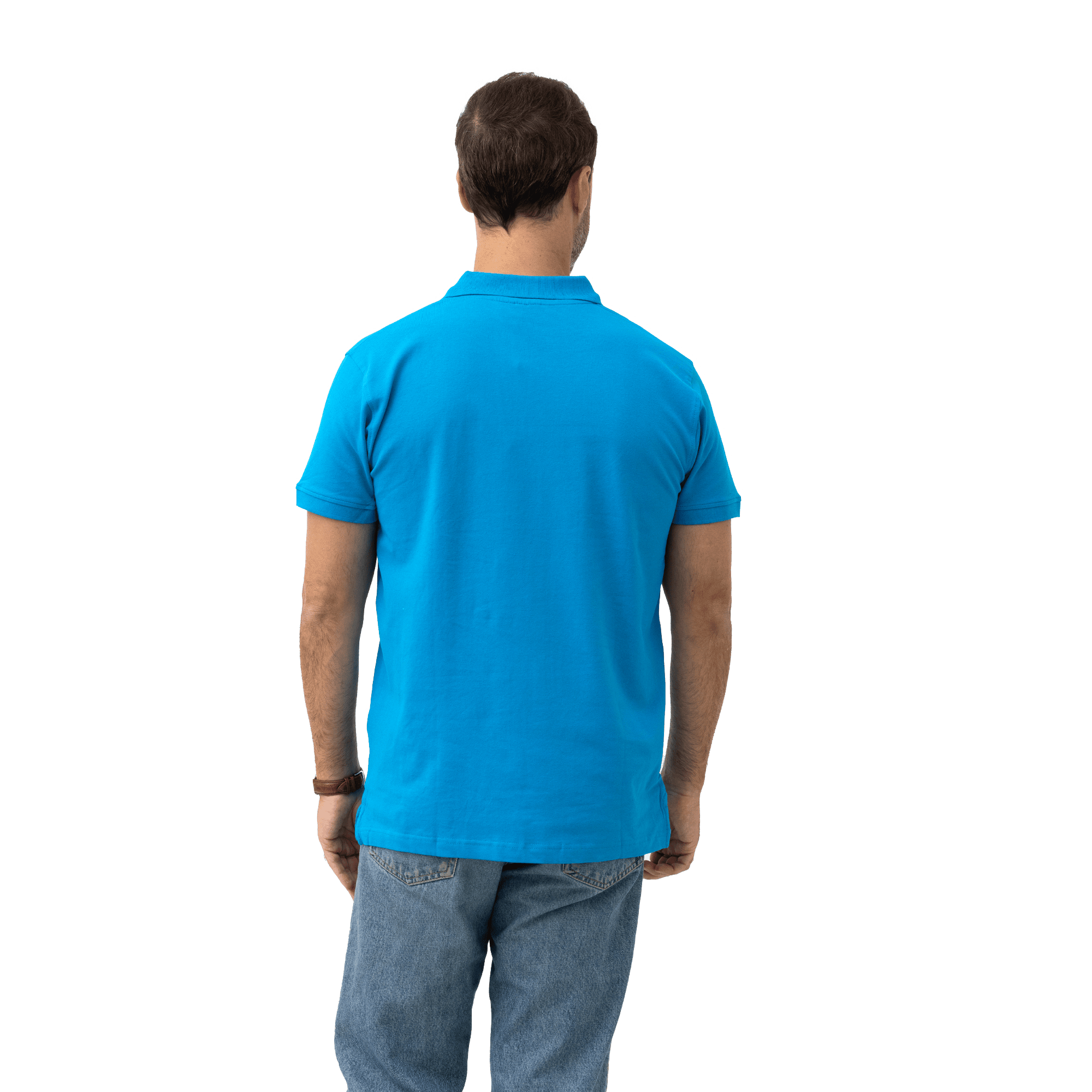 blue polo with atlas copco logo in white