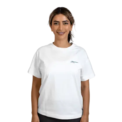 woman wearing white tshirt with atlas copco group logo