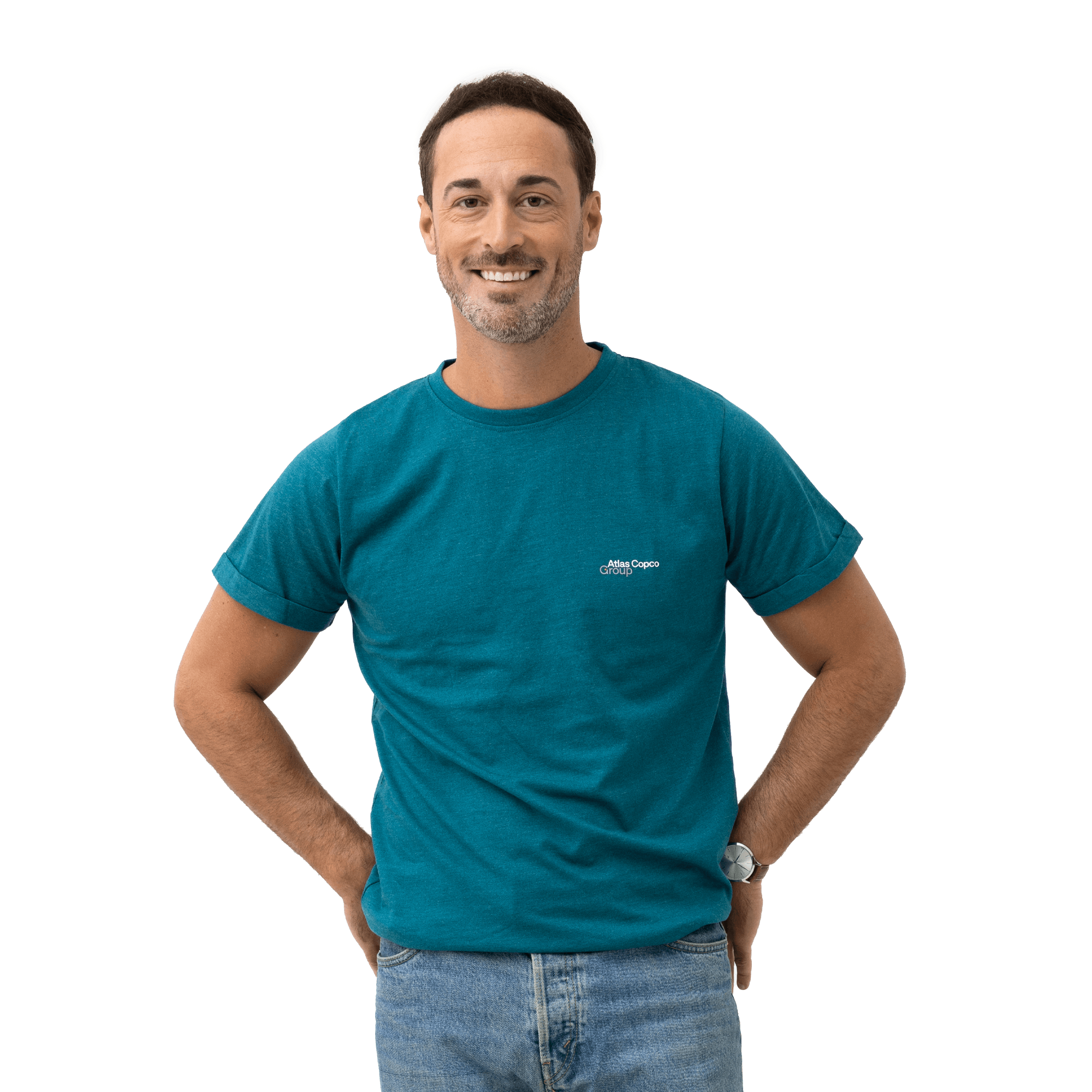 t-shirt in teal color with atlas copco group logo on male model