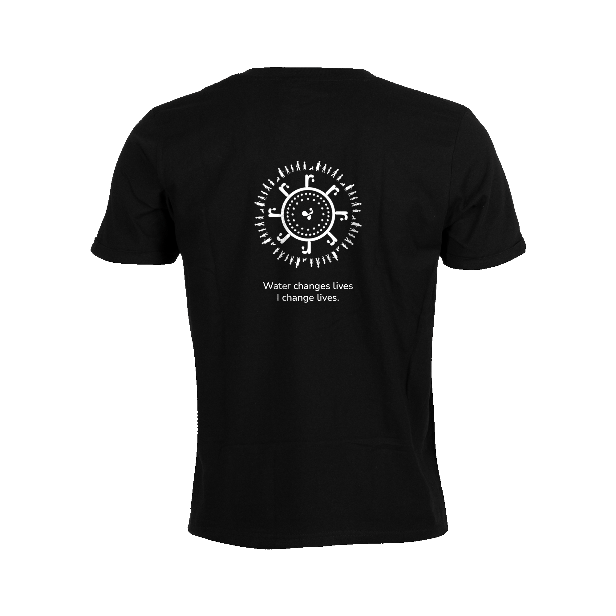 black t-shirt with white water for all logo on back