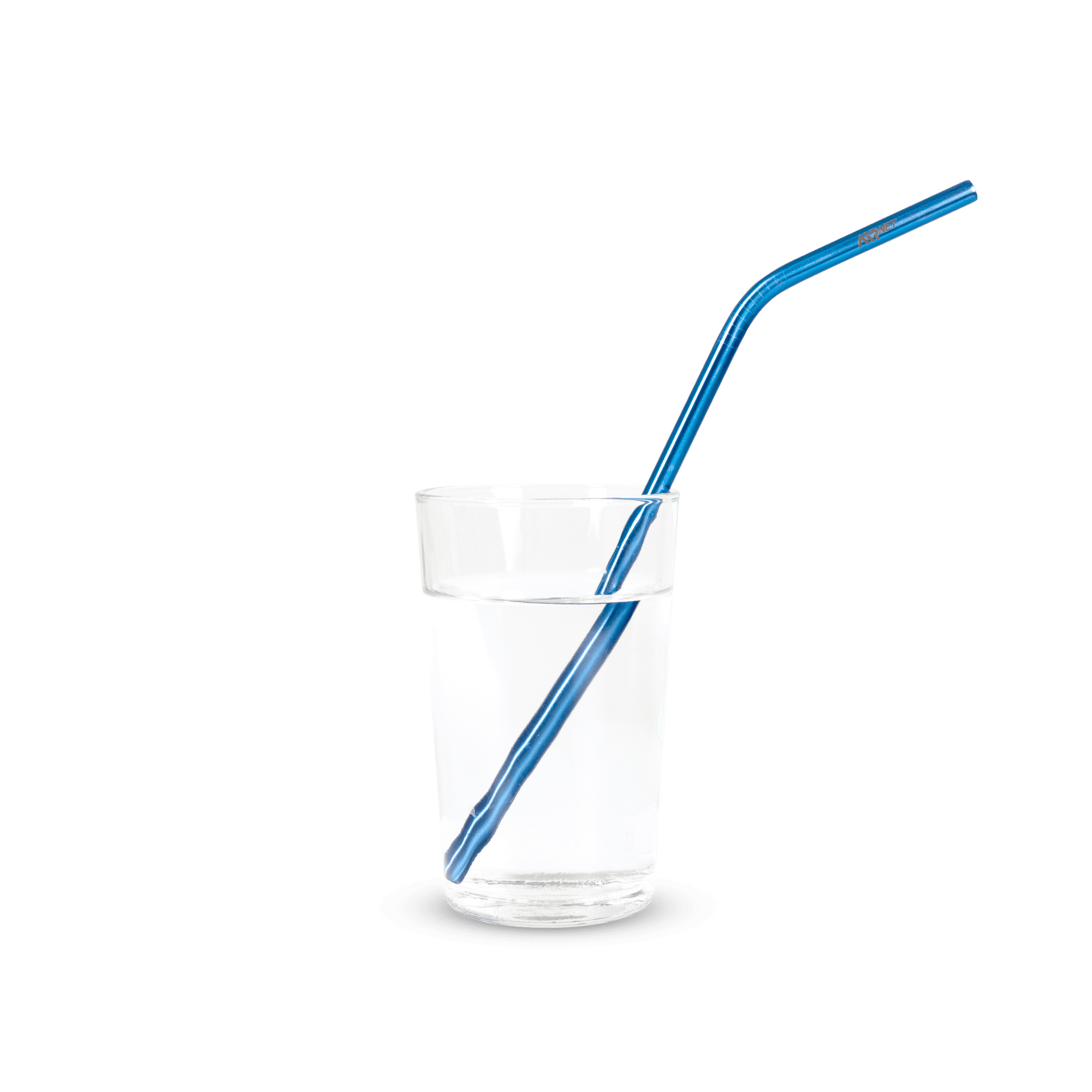 blue metallic straw in water glass
