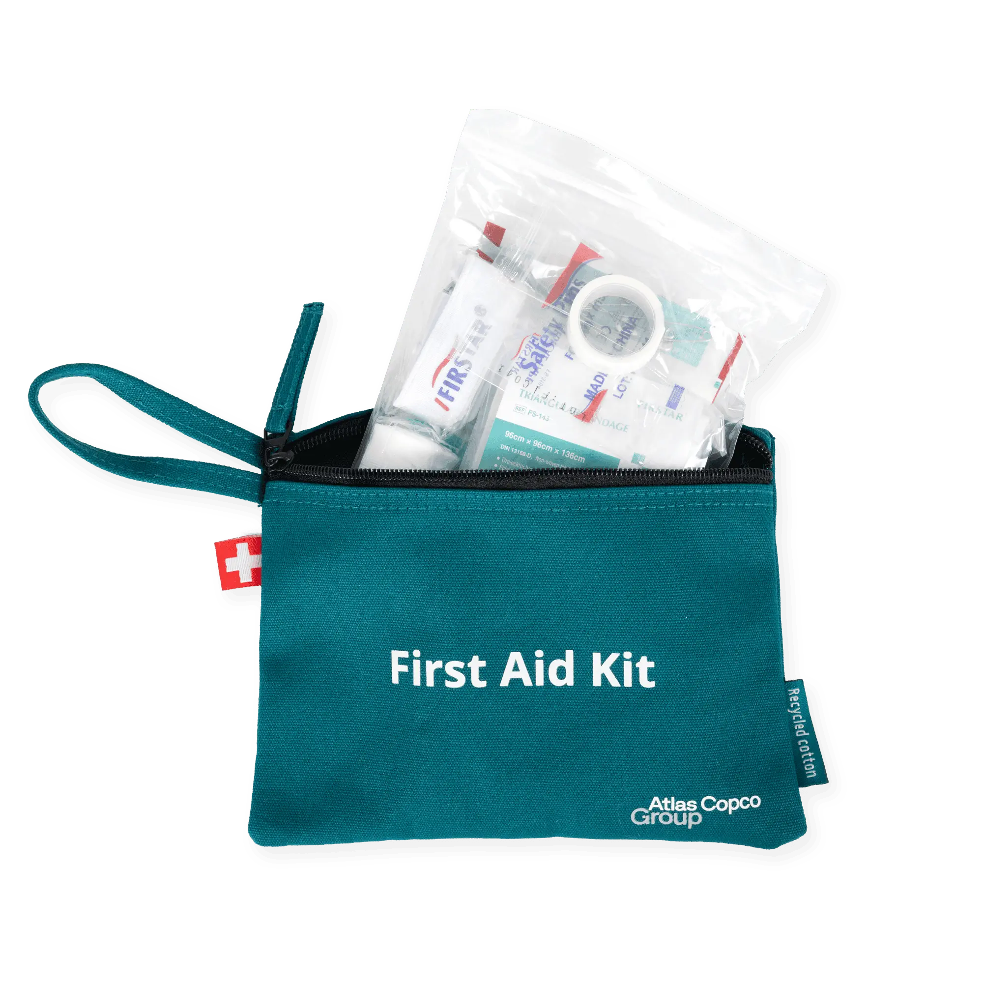 first aid kit with atlas copco group logo and products