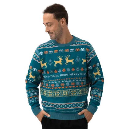 christmas sweater on male model with atlas copco group colors