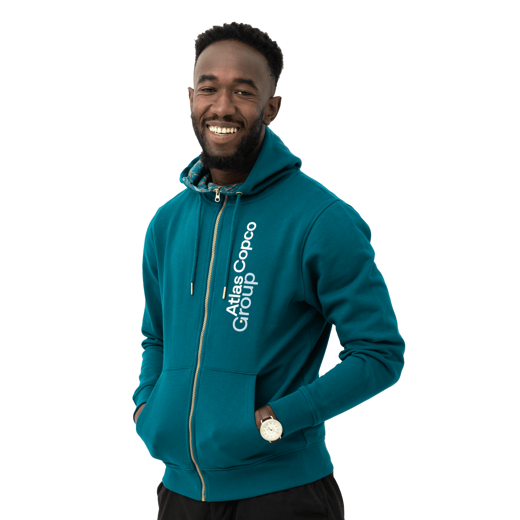 teal atlas copco group hoodie with white vertical logo