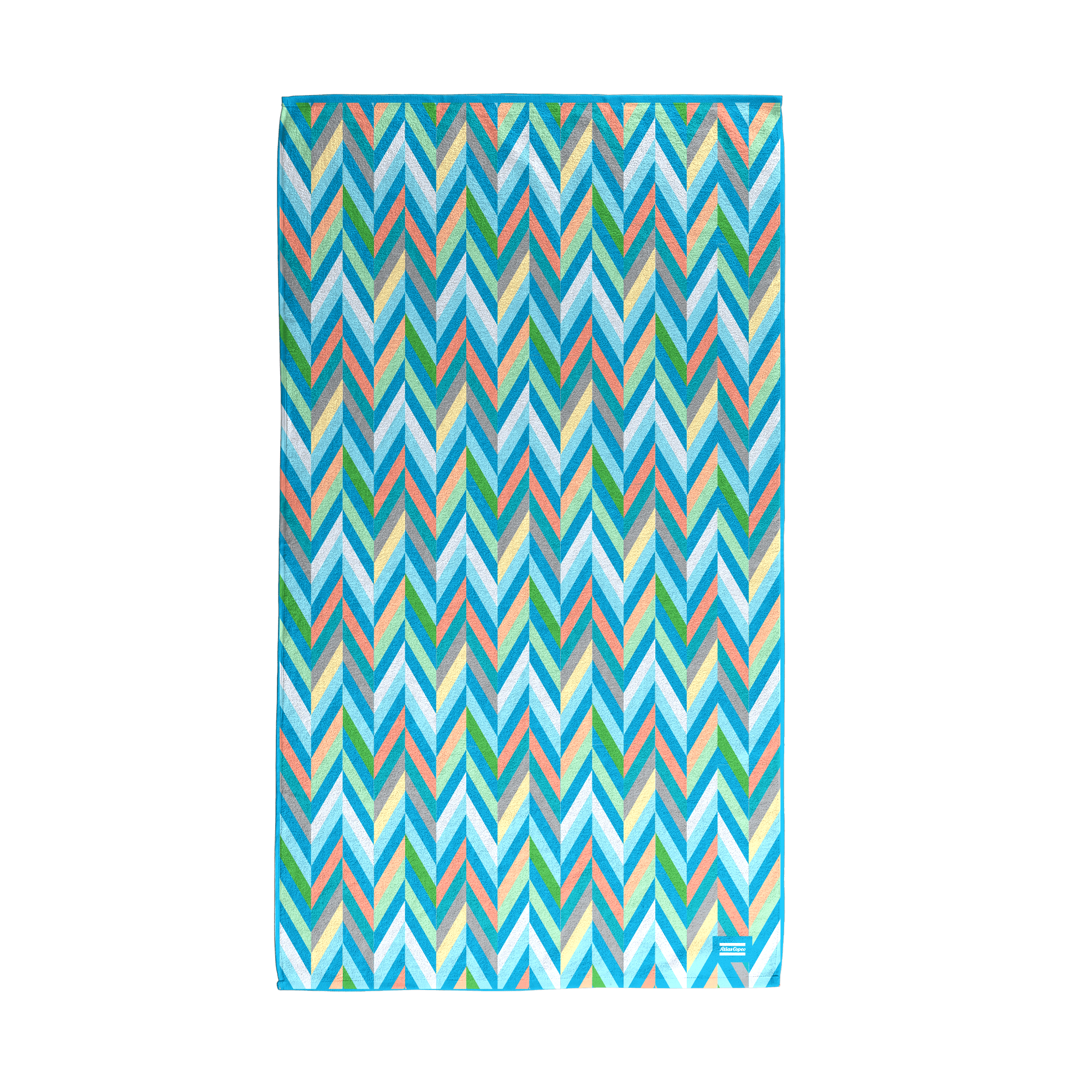 multi color beach towel with blue atlas copco logo