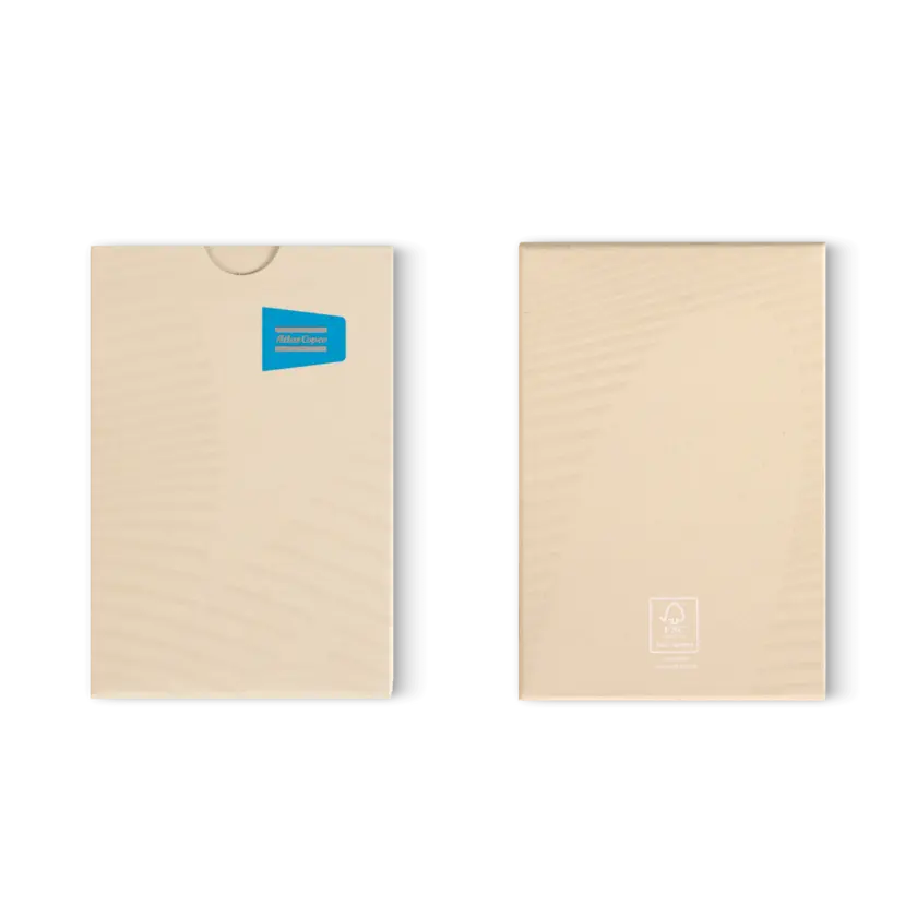 beige deck of cards with atlas copco logo