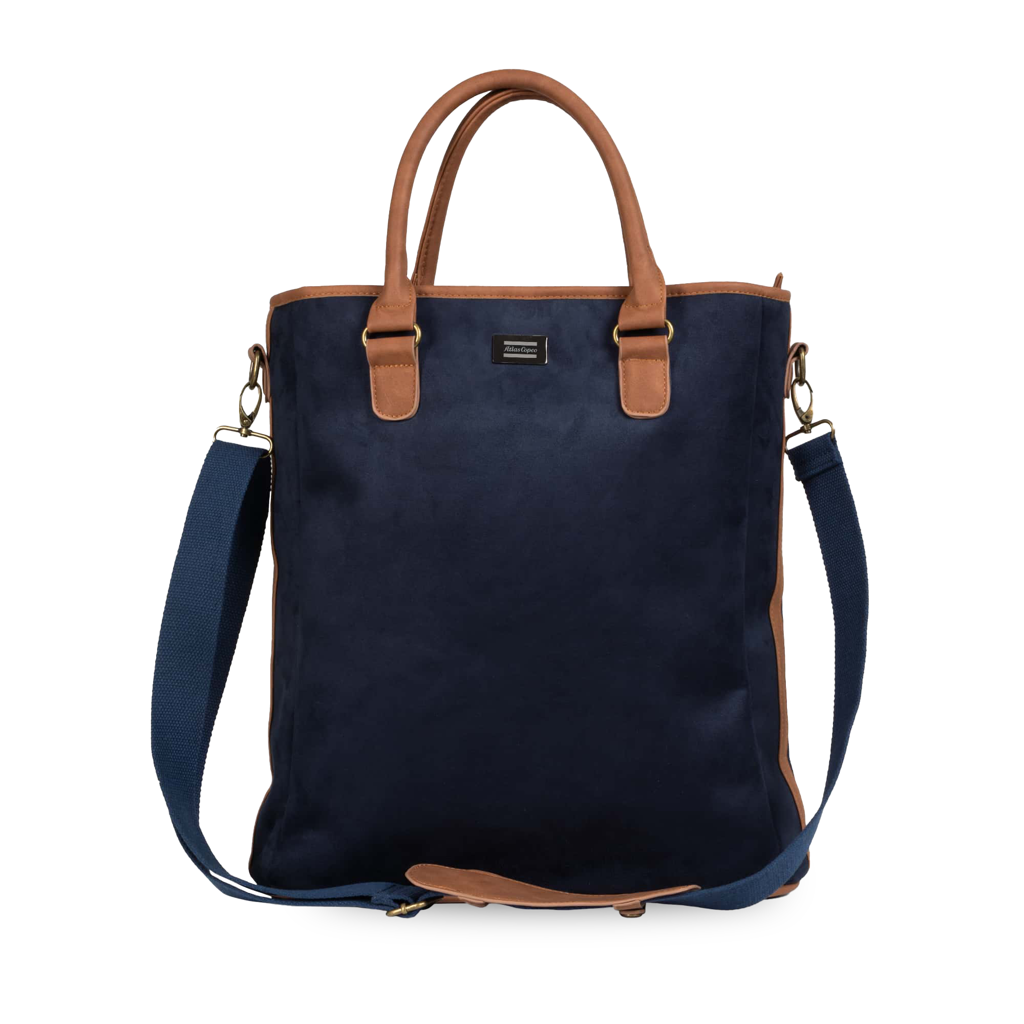 navy laptop bag with leather details
