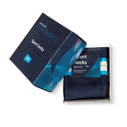 Navy blue socks in a box, atlas copco branded