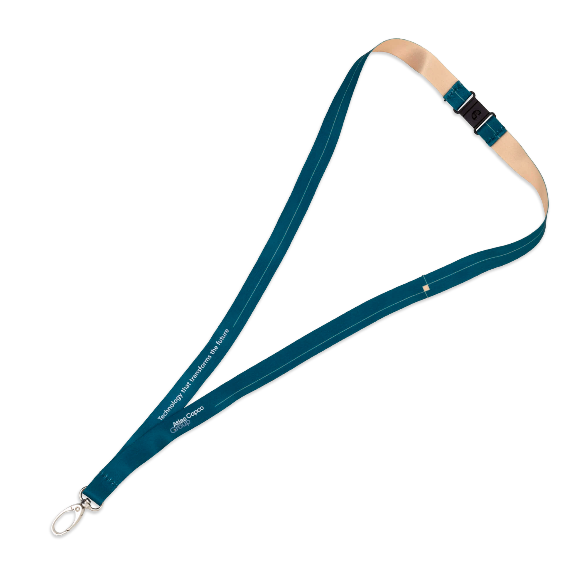 teal and gold lanyard with group logo
